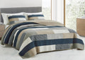 Chezmoi Collection Dylan 2-Piece Navy Blue White Gray Taupe Plaid Rectangular Patchwork Quilt Set - Pre-Washed Cotton Coverlet -