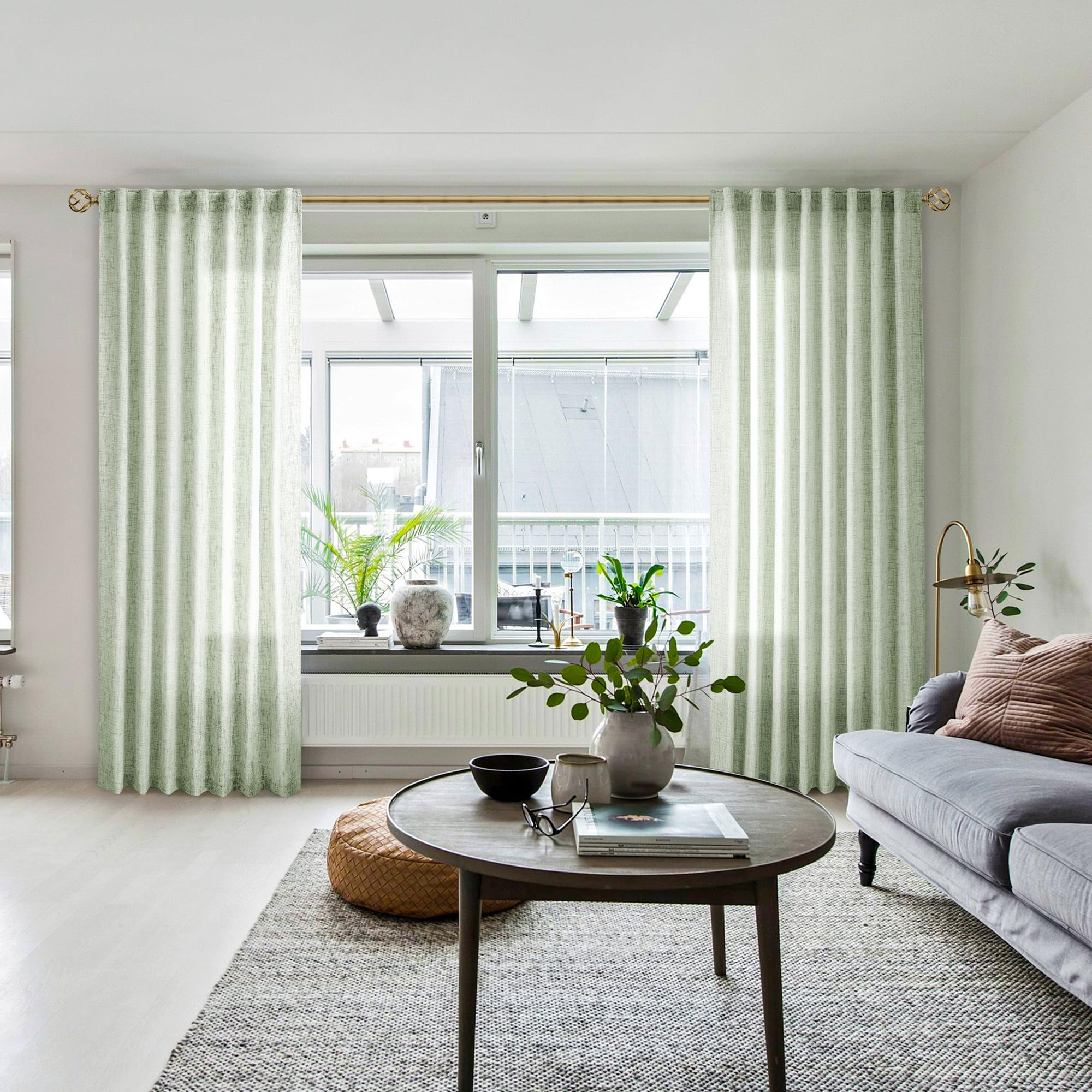 Meetbily Sage Green Linen Curtains 96 Inches Long Semi Sheer Back Tab Drapes For Living Room 2 Panels Light Green Boho Neutral C