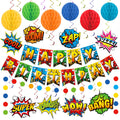 Hero Birthday Party Decorations Super Themed Cityscape Buildings Happy Birthday Banner Hero Hanging Swirls Honeycomb Centerpiece