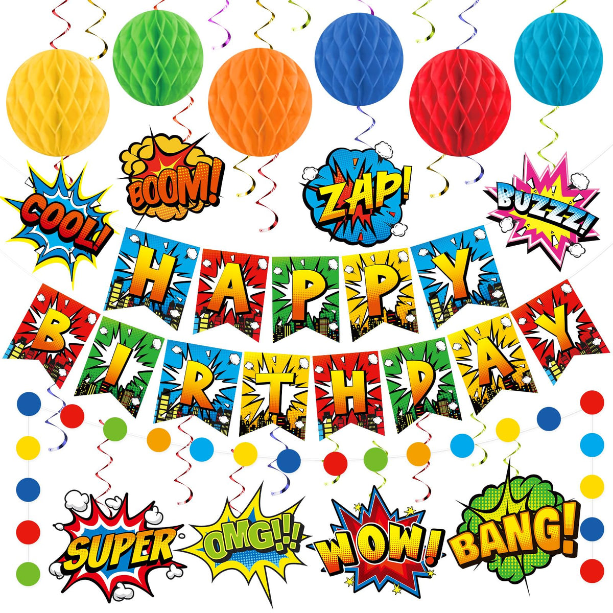 Hero Birthday Party Decorations Super Themed Cityscape Buildings Happy Birthday Banner Hero Hanging Swirls Honeycomb Centerpiece