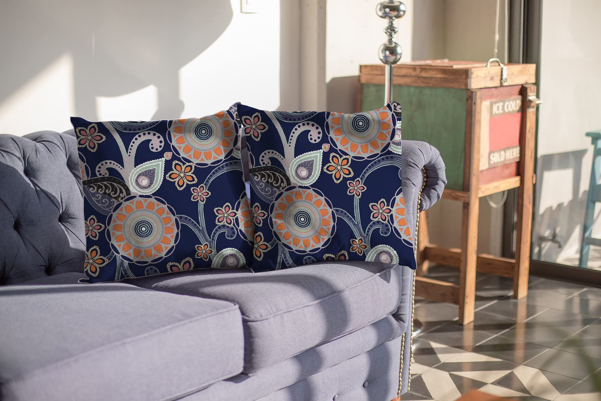 HomeRoots Orange, Light Green, Gray On Indigo 16â€ Indigo Orange Floral Suede Throw Pillow