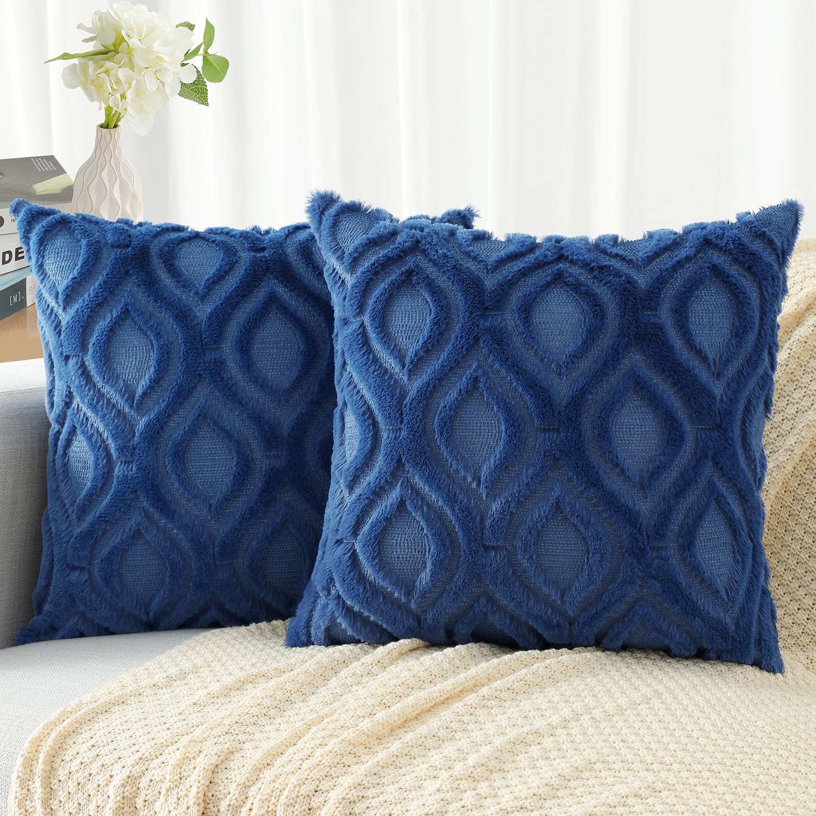 Decoruhome Decorative Throw Pillow Covers 22X22 Set Of 2, Soft Plush Faux Wool Couch Pillow Covers For Home, Dark Blue