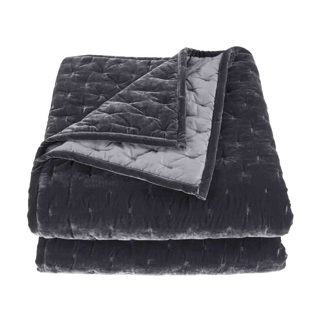 Hiend Accents Stella Faux Silk Velvet Quilt, King Size, Slate Solid Color, Romantic Modern Western Traditional Style Luxury Bedd