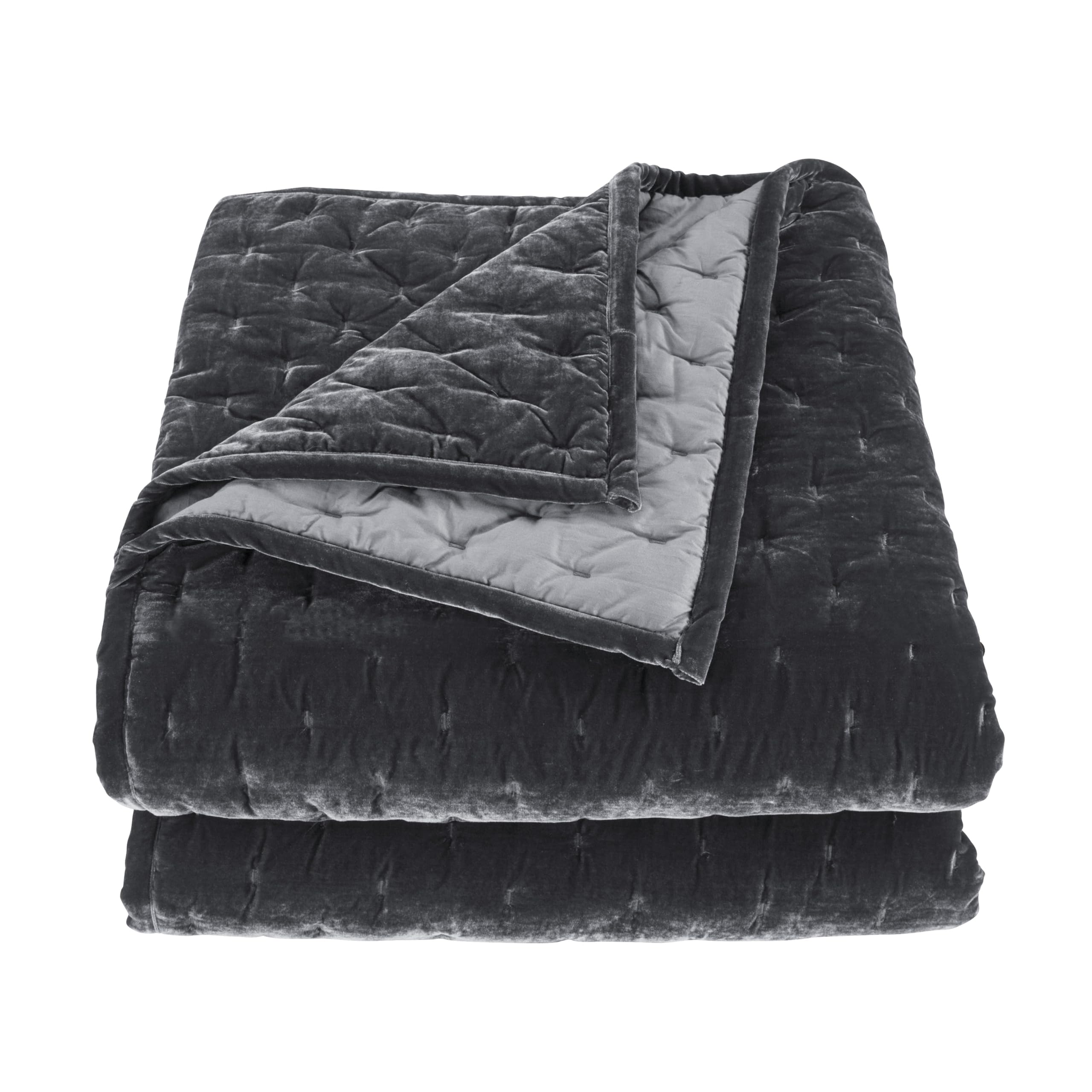 Hiend Accents Stella Faux Silk Velvet Quilt, King Size, Slate Solid Color, Romantic Modern Western Traditional Style Luxury Bedd