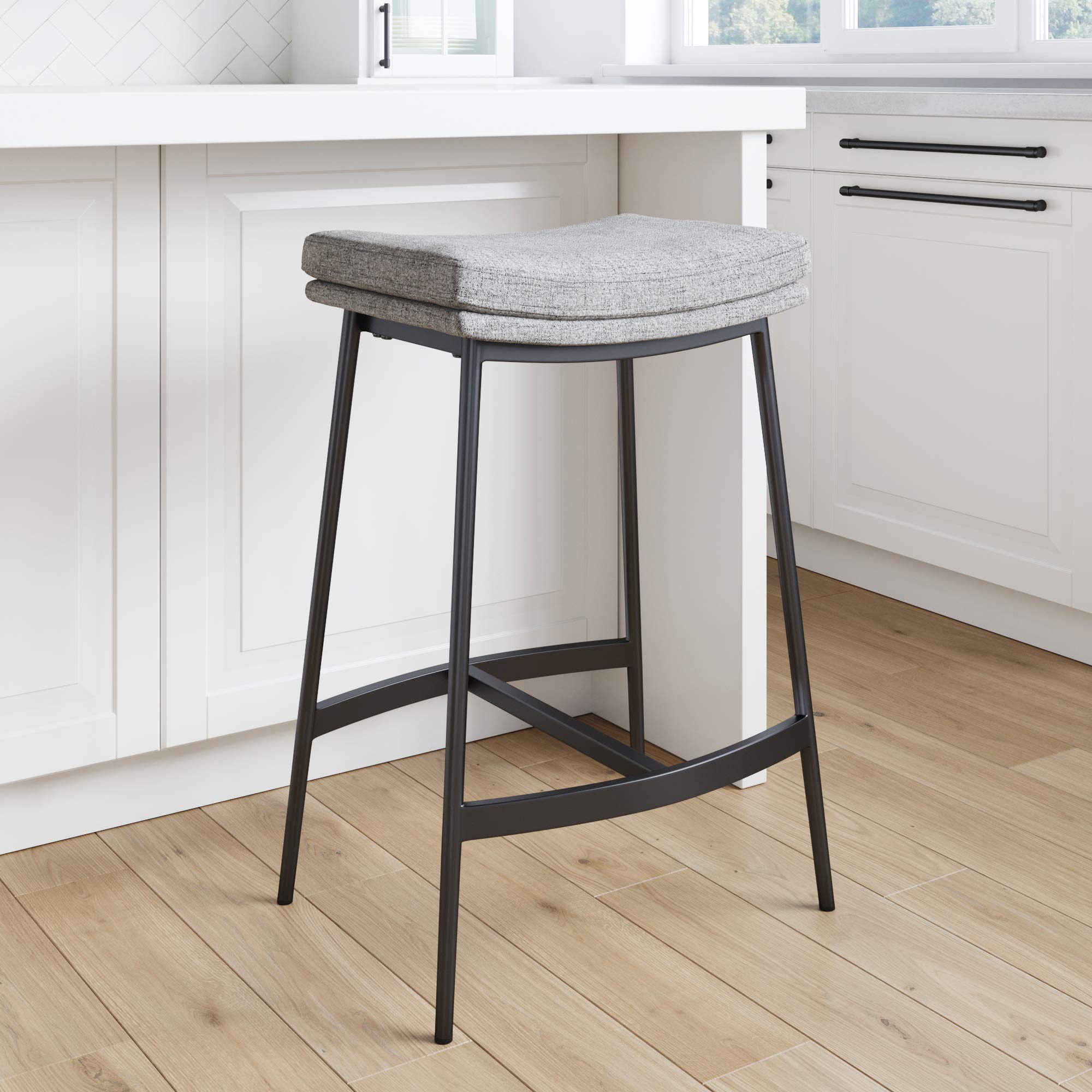 Nathan James 22201 Arlo Modern Backless Upholstered Kitchen Counter Bar Stool with Double-Layered Saddle Seat and Metal Base, Gr