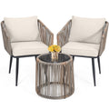 Kromax 3 Piece Patio Rattan Bistro Conversation Set, Outdoor All Weather Wicker Furniture Chairs And Side Table Set, Ideal For Balcony, Porch And Backyard, Beige