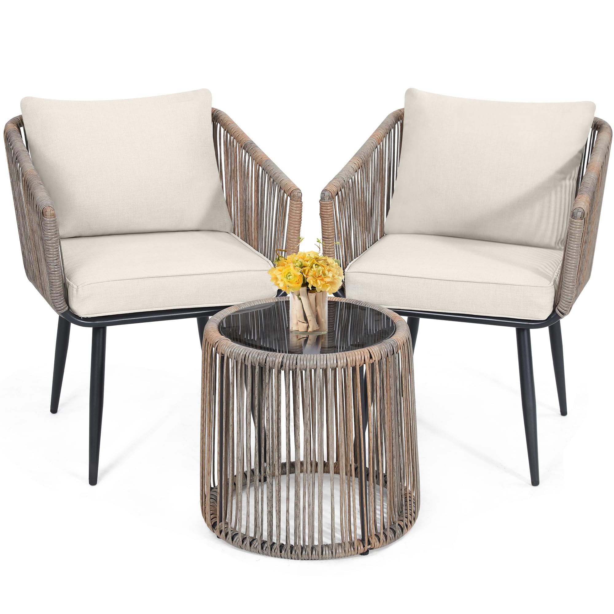 Kromax 3 Piece Patio Rattan Bistro Conversation Set, Outdoor All Weather Wicker Furniture Chairs And Side Table Set, Ideal For Balcony, Porch And Backyard, Beige