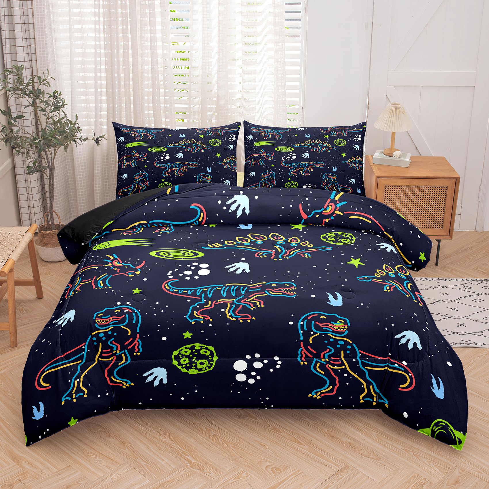 Ninenine Dinosaur Comforter Sets For Boys,Kids Dinosaur Bedding Set,Twin Size Bedding Sets For Boys Kids,Dark Blue Comforter Set