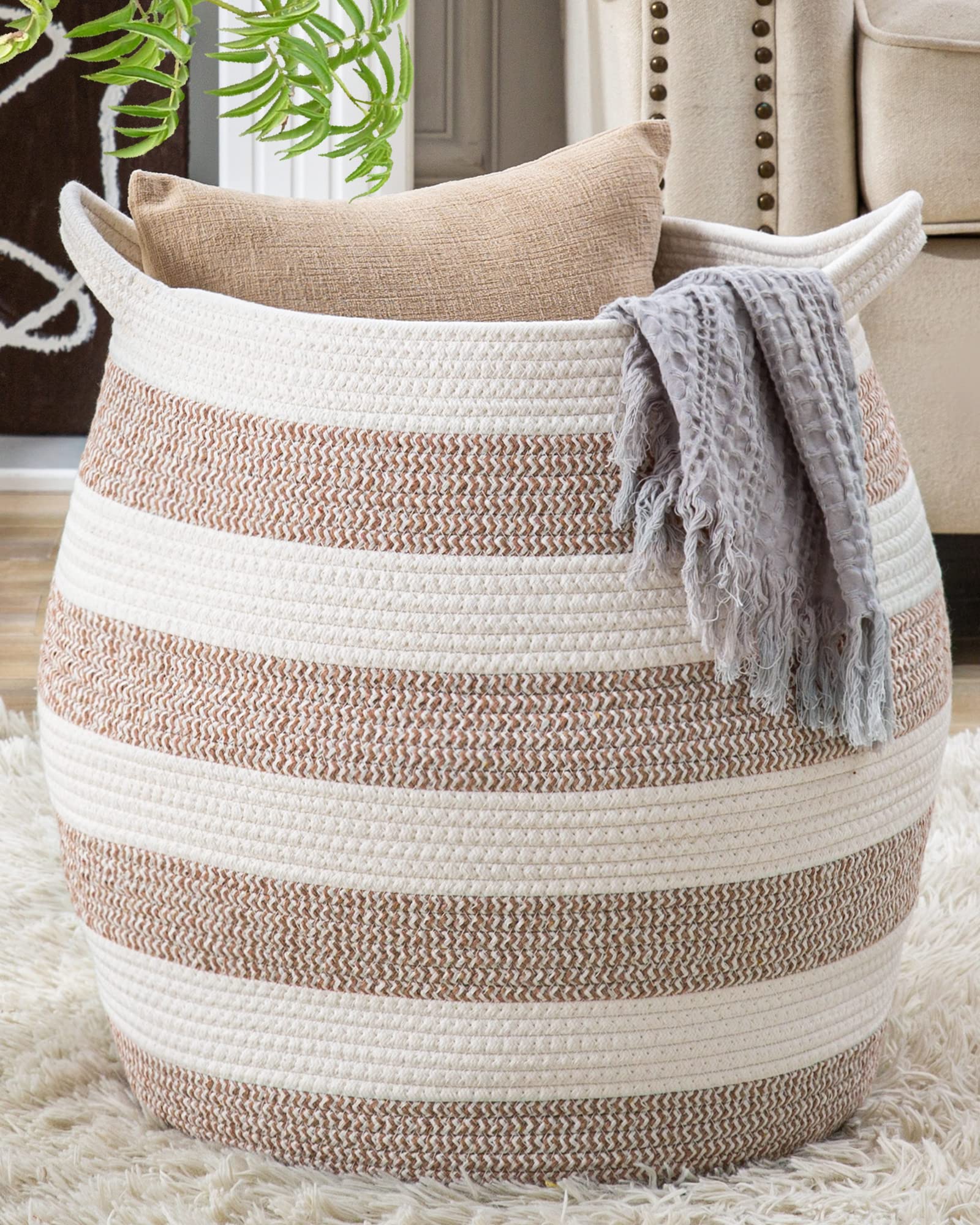 KAKAMAY Woven Baskets for Storage(17x17),Large Cotton Rope Woven Baby Laundry Hamper,Collapsible Laundry Basket, Blanket Basket 