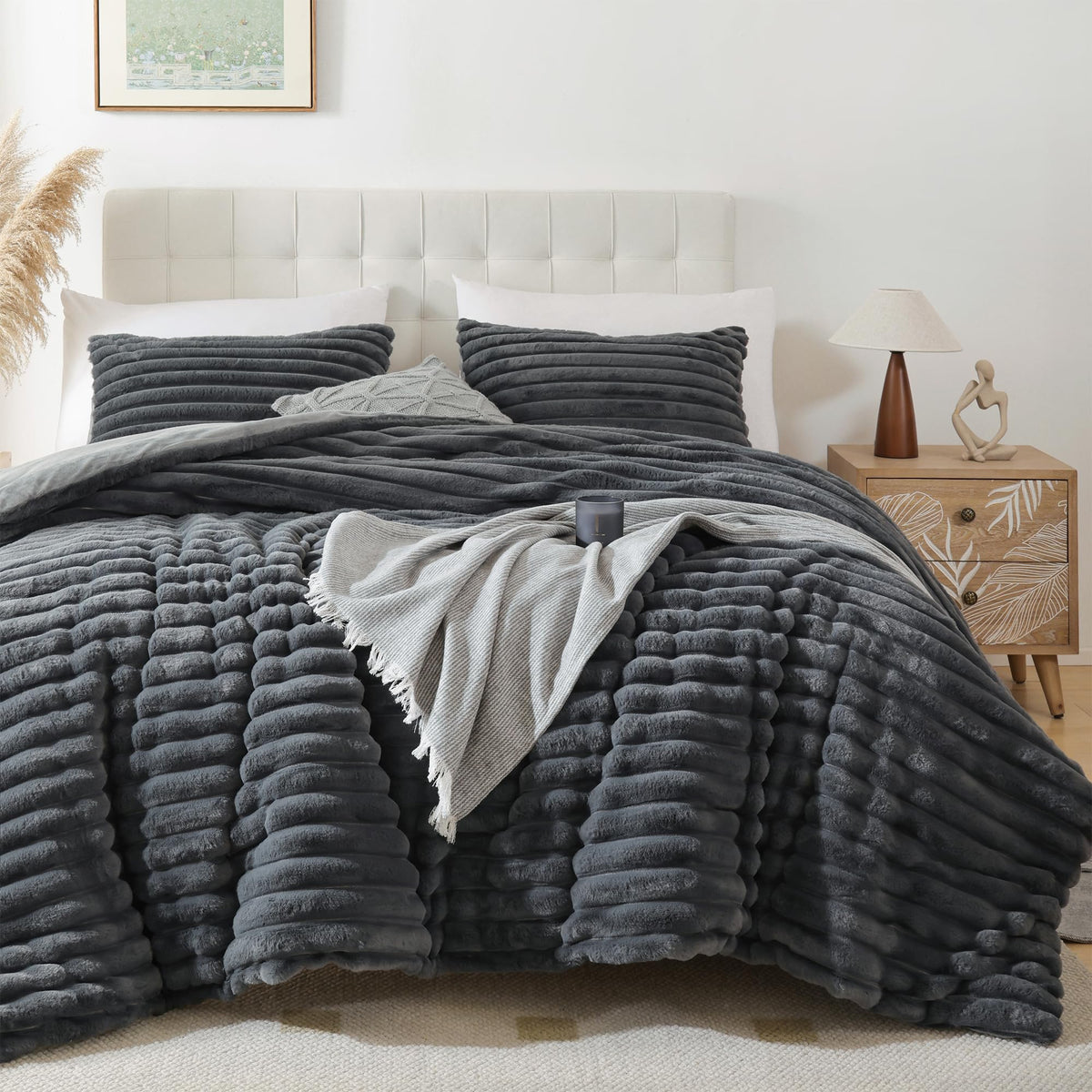Smoofy Fluffy Queen Comforter Set 3 Pieces - Darkgrey Fleece Fluffy Comforter Queen Set, Luxury Fuzzy Queen Bed Set, Soft & Warm