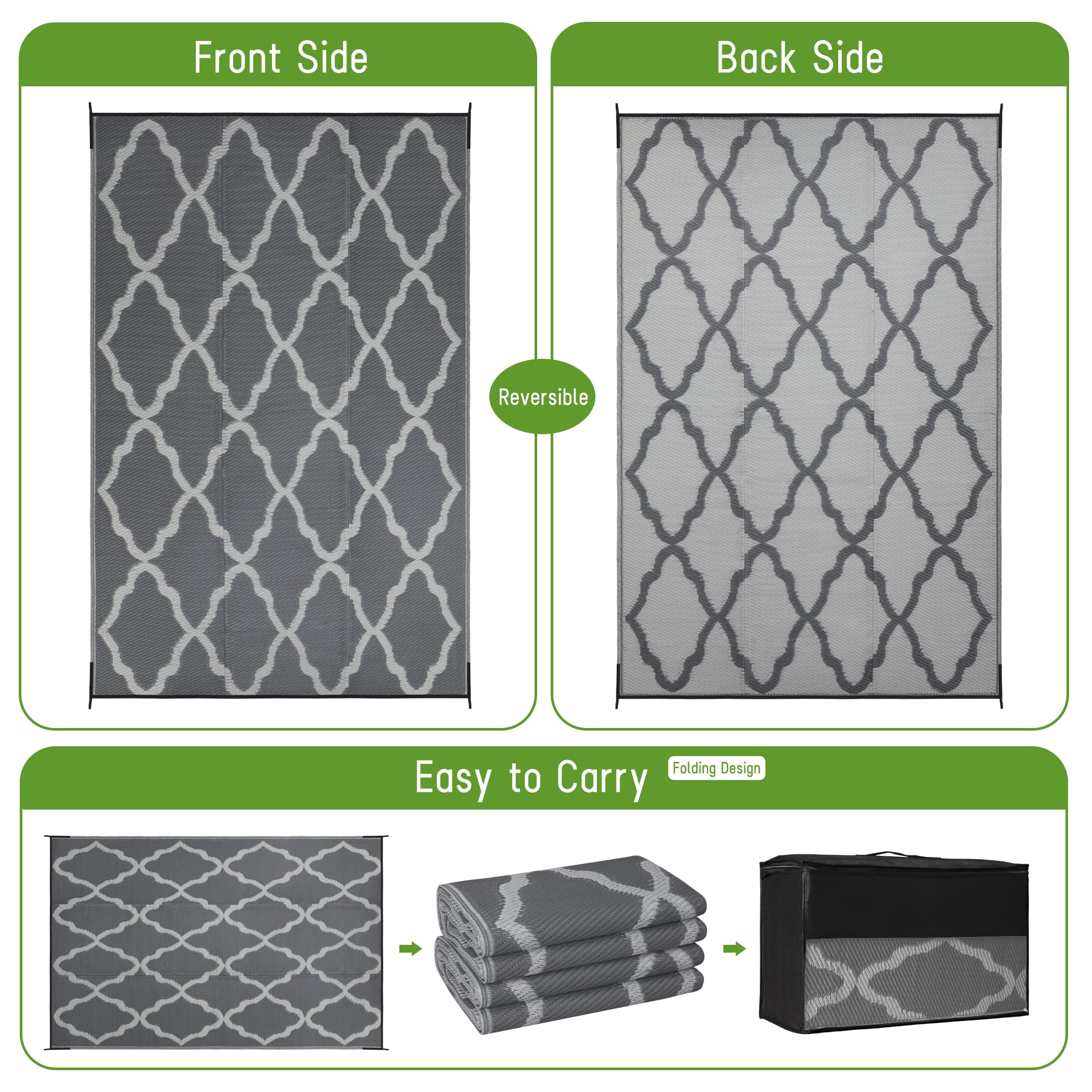 Easy-Going Reversible Outdoor Rugs 6X9Ft Waterproof Plastic Straw Rug Stain & Uv Resistant Floor Mat For Patio Porch Rv Backyard Pool Deck Picnic Beach Trailer Camping (Moroccan Grey & Light Grey)