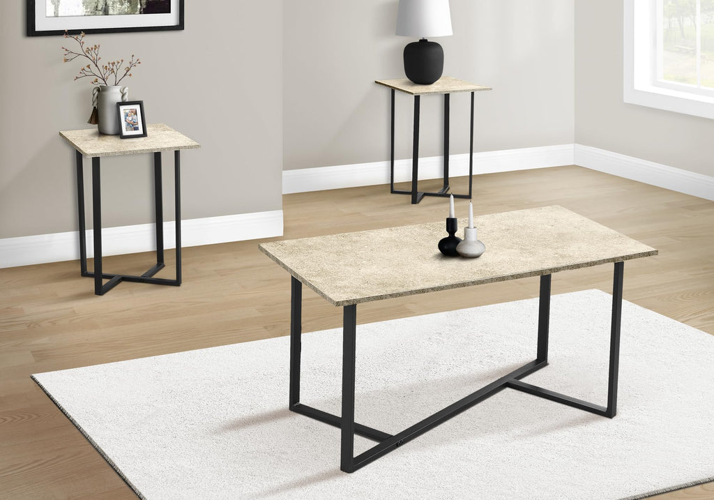 Monarch Specialties I 7974P Table Set, 3pcs Set, Coffe, Cream Stone Laminate, Black Metal, Contemporary
