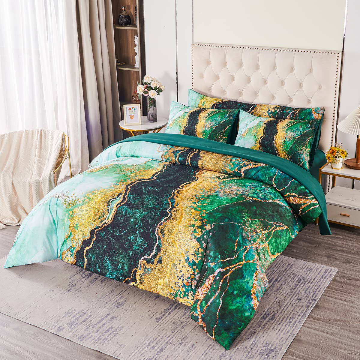 Perfemet 6 Piece Bed In A Bag California King Green Watercolor Marble Printed Comforter With Sheets Colorful Stylish Retro Artwo
