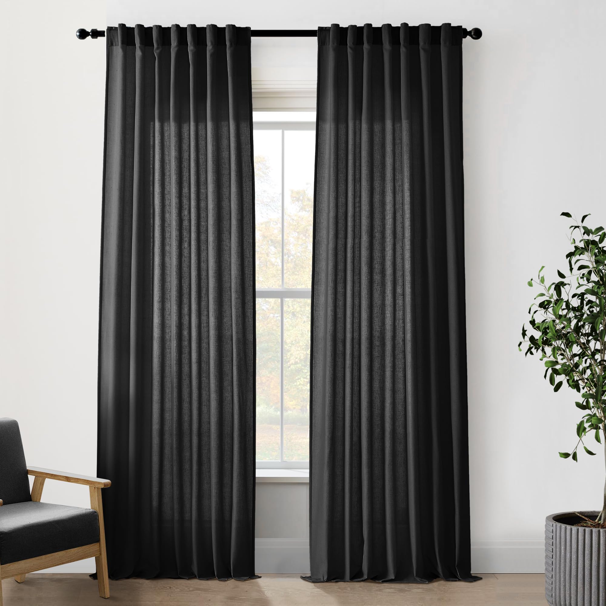 Panelsburg Black Linen Curtains 84 Inch Length For Living Room,Back Tab Rod Pocket Light Filtering Halloween Gothic Semi Sheer C