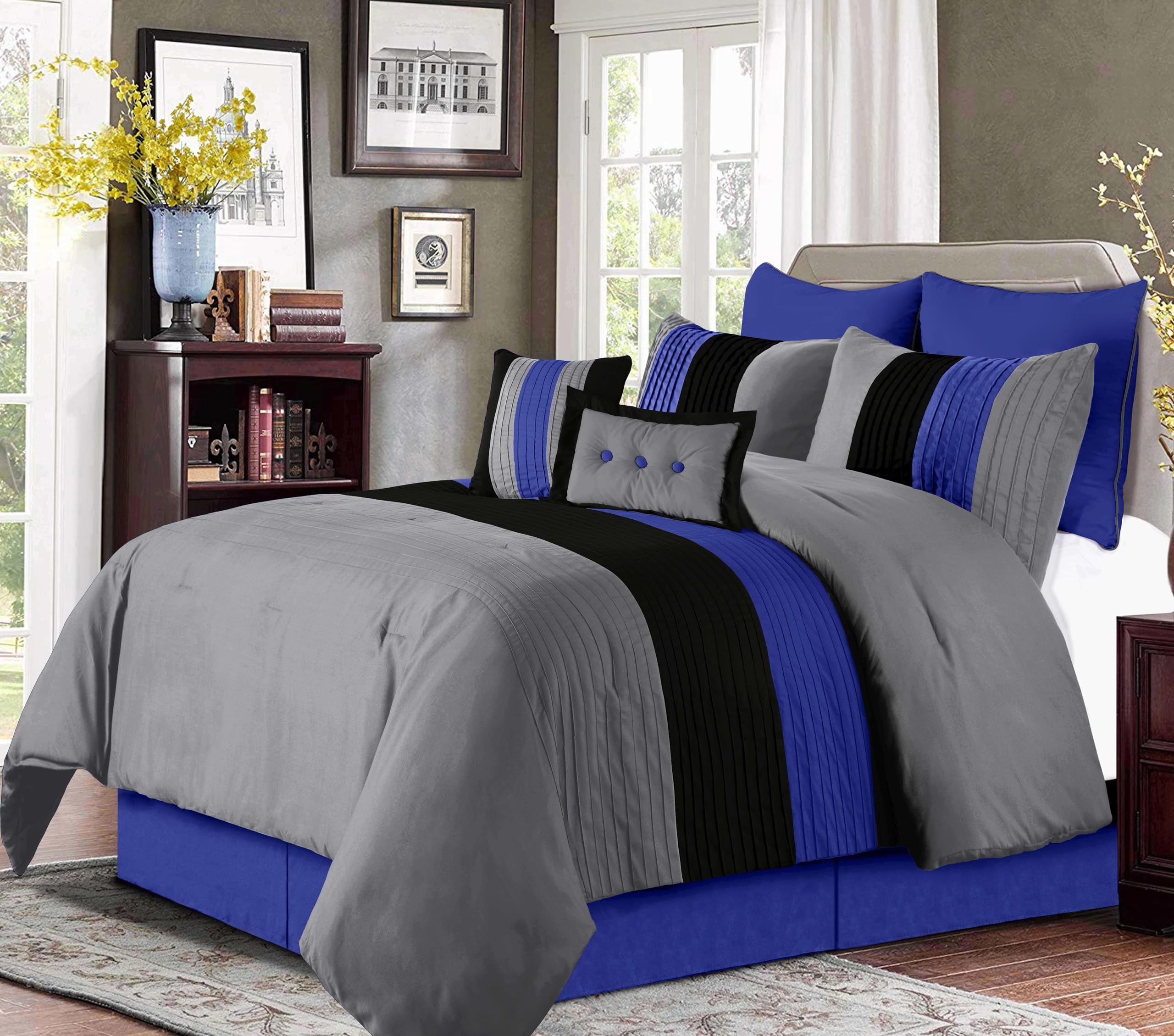 Chezmoi Collection Loft 8-Piece Oversized King Comforter Set, Gray/Blue/Black Luxury Striped Bedding For All Season
