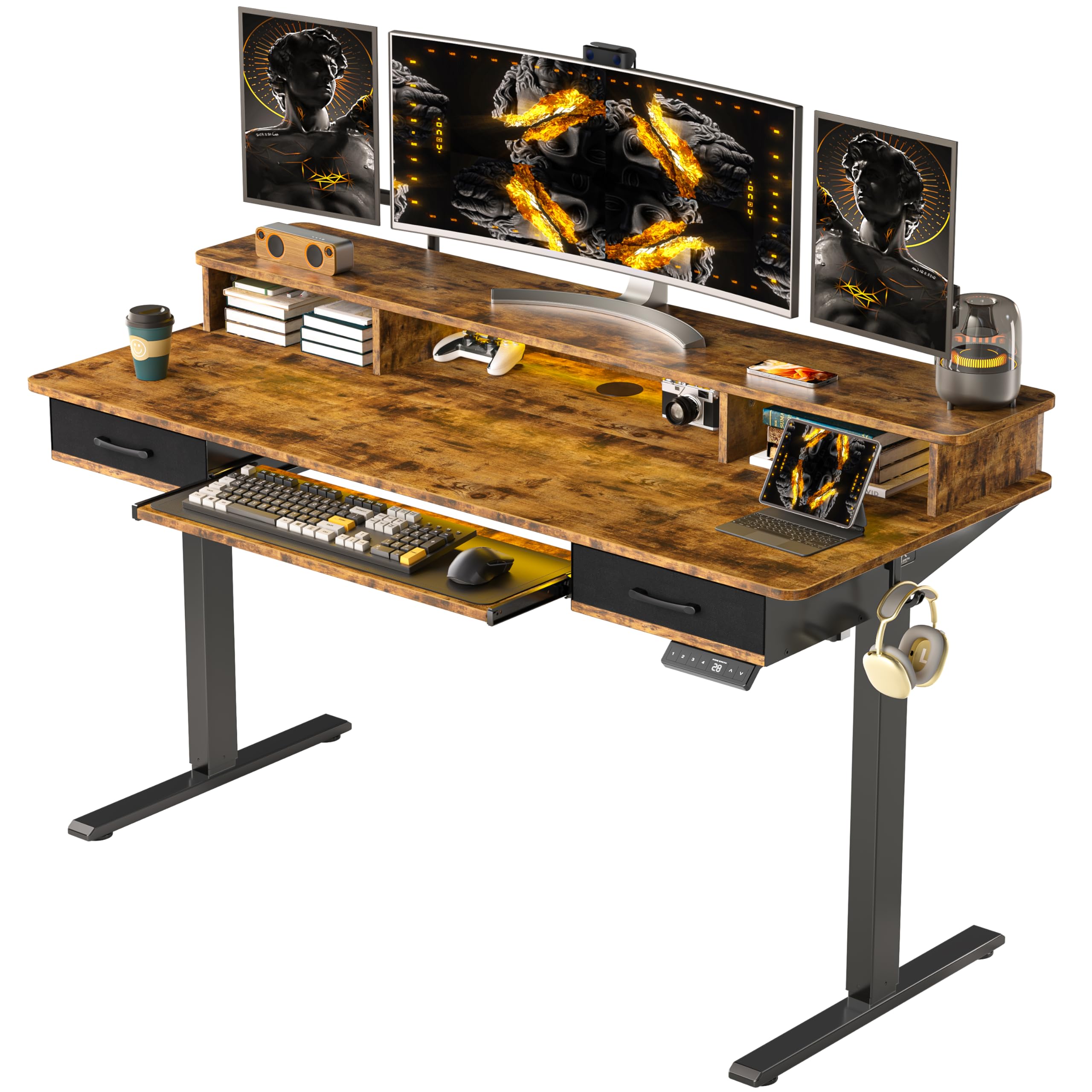 WALKINGDESK 55x24 Inches Electric Standing Desk with Keyboard Tray, Height Adjustable Stand up Desk with 2 Drawers, Ergonomic Si