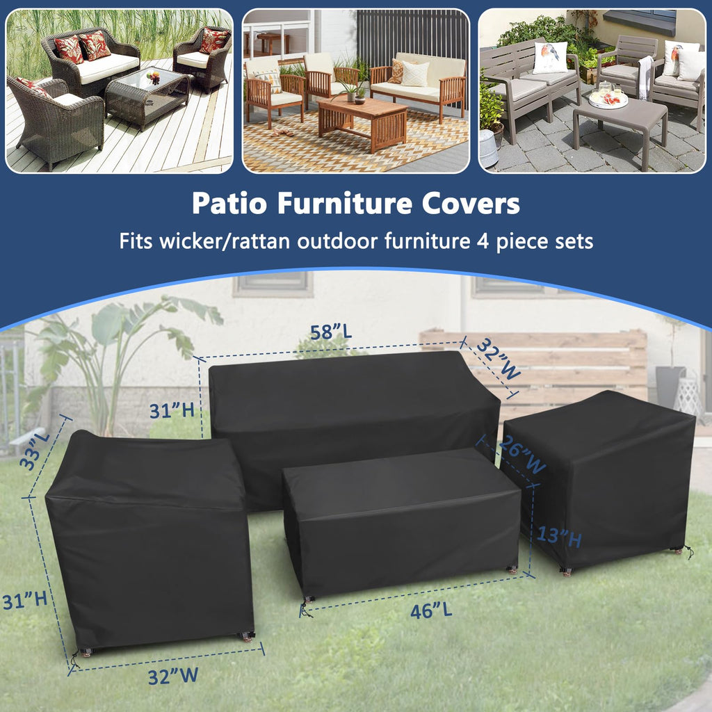 Startwo Patio Furniture Covers, 4 Piece Heavy Duty Waterproof Outdoor Furniture Cover Set For Rattan Wicker Couch Chairs,Windproof Buckle Strap,Black
