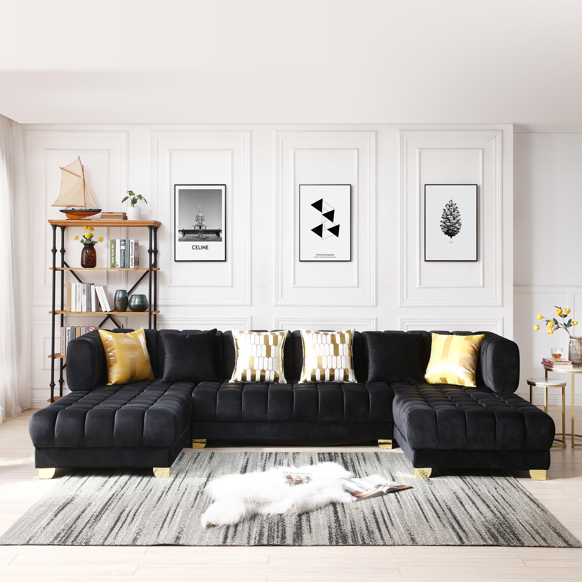 Better Home Products Marigold Velvet U-Shaped Double Chaise Sectional Sofa - 140&quot; Large Couch with 6 Pillows & Gold Legs for Your Living Room, Fully Tufted Firm & Deep (Black)