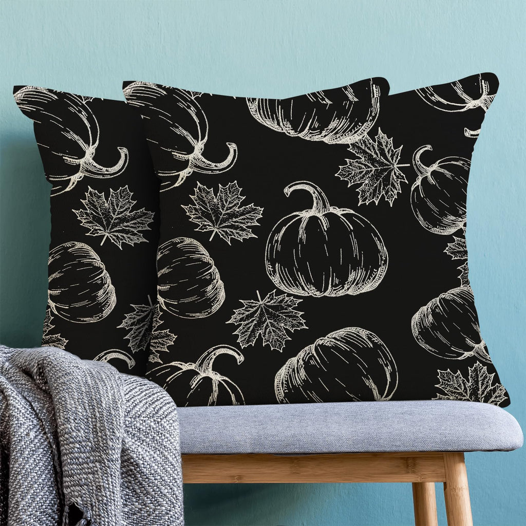 Fall Decor Pillow Covers 18X18 Set Of 2 Black Pumpkin Maple Leaf Throw Pillow Covers Outdoor Decoration Autumn Thanksgiving Pump