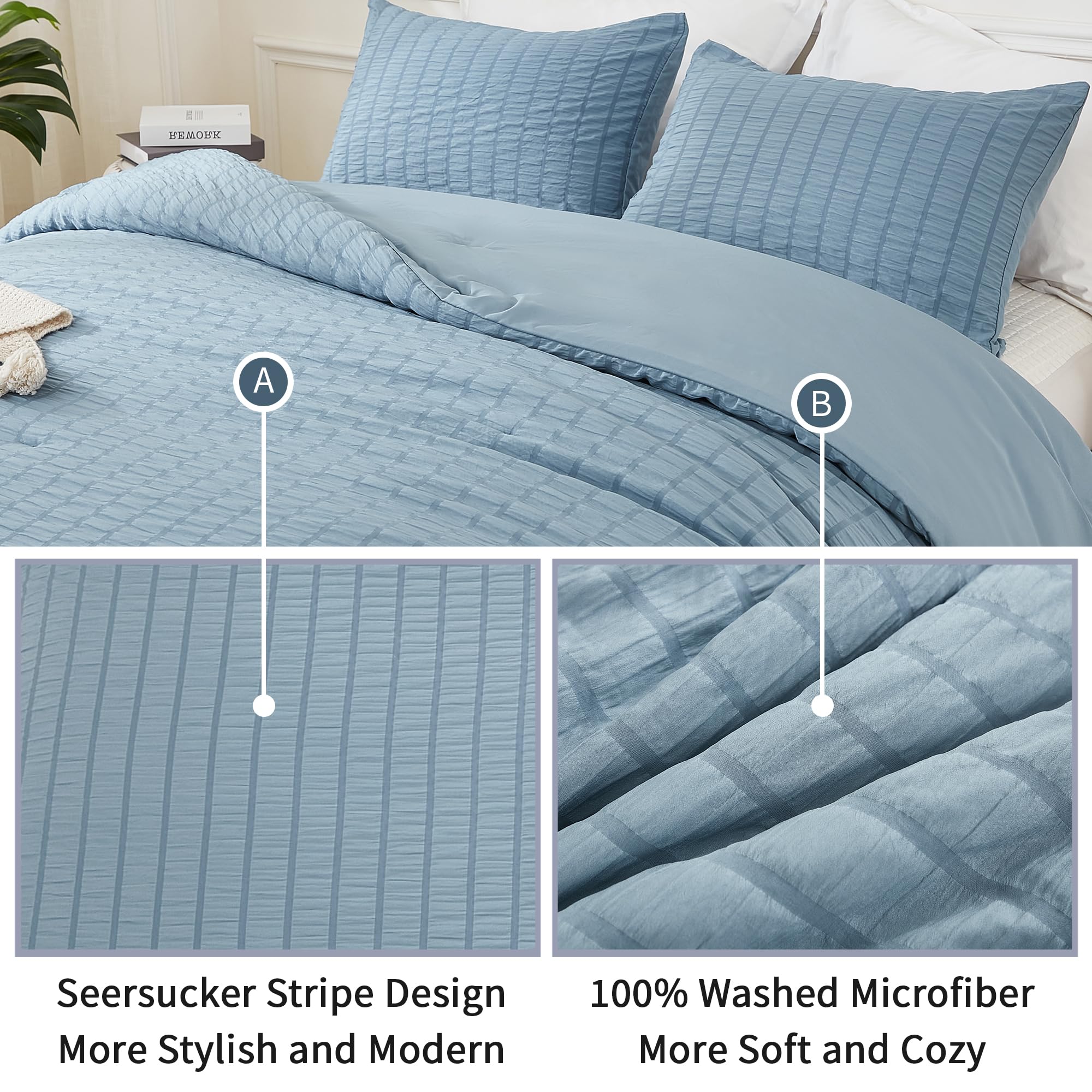 Avelom Seersucker King Comforter Set - 104X90, Grayish Blue, 3 Pieces - Machine Washable