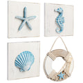 LotFancy Beach Wall D  cor, 4 Pack, 3D Seashell, Starfish, Seahorse and Lifesaver Buoy Decorations on Wood Board, Rustic Ocean C