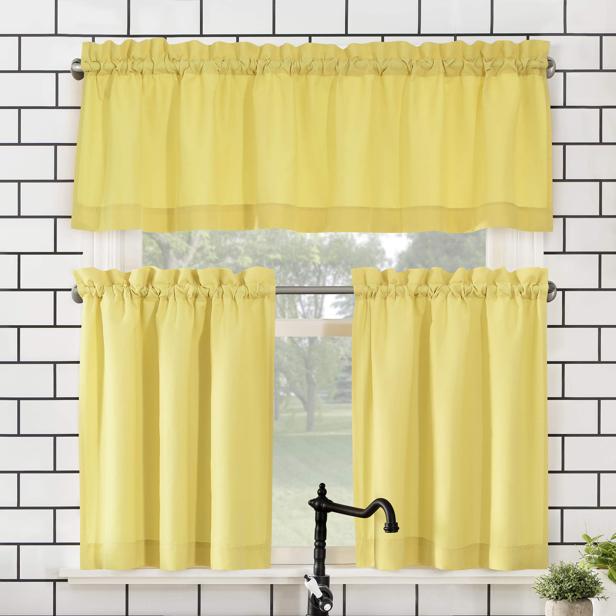 No. 918 Martine Microfiber Semi-Sheer Rod Pocket Kitchen Curtain Valance and Tiers Set, 54 x 24, Yellow