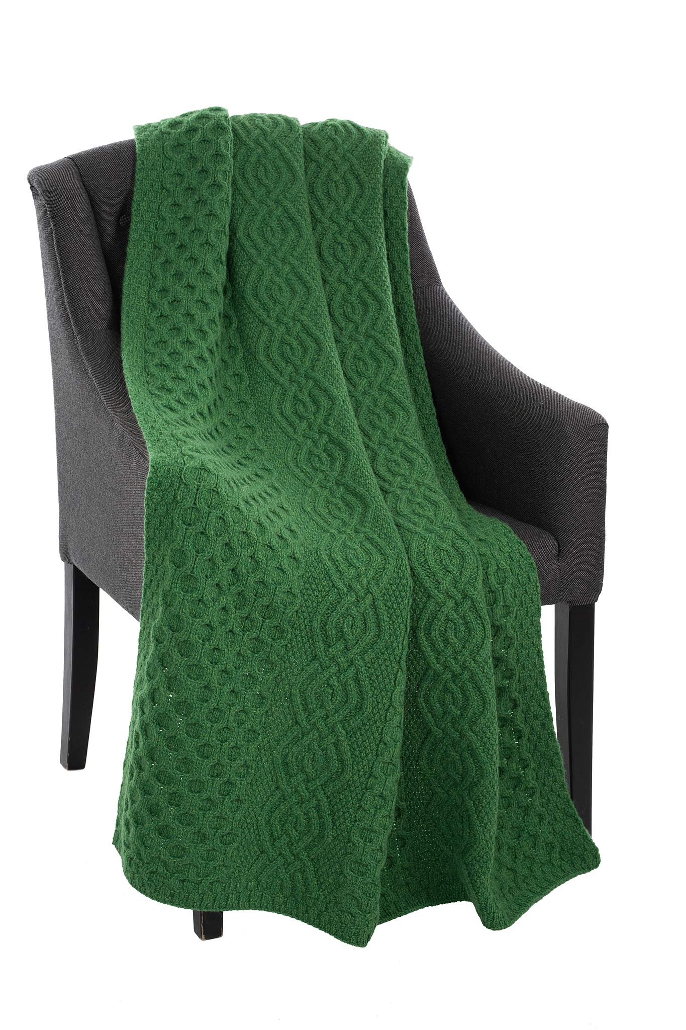 Saol Honeycomb And Cable Knit Patterns 100% Irish Merino Wool Aran Throw/Blanket 60 X 40 Inches (Green)