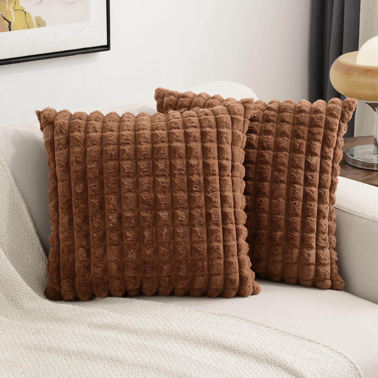 Futei Brown Decorative Throw Pillow Covers 26X26 Inch Set Of 2,Square Cushion Case,Soft Fluffy Faux Rabbit Fur Plaid/Cozy Velvet
