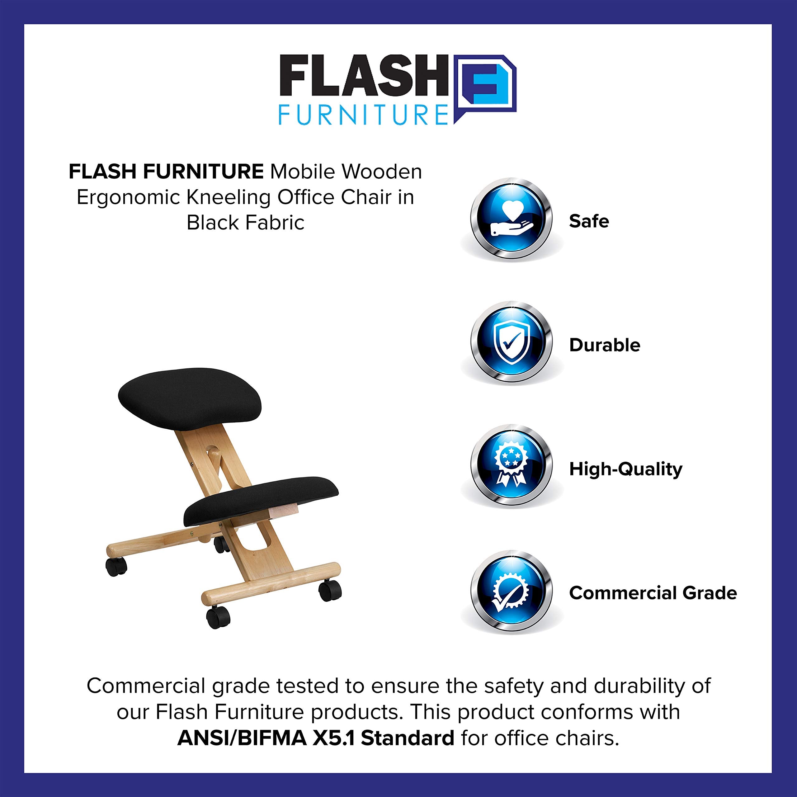 Flash Furniture Posey Mobile Wooden Kneeling Office Chair for Improved Posture, Height-Adjustable Ergonomic Office Kneeling Chair, Natural/Black