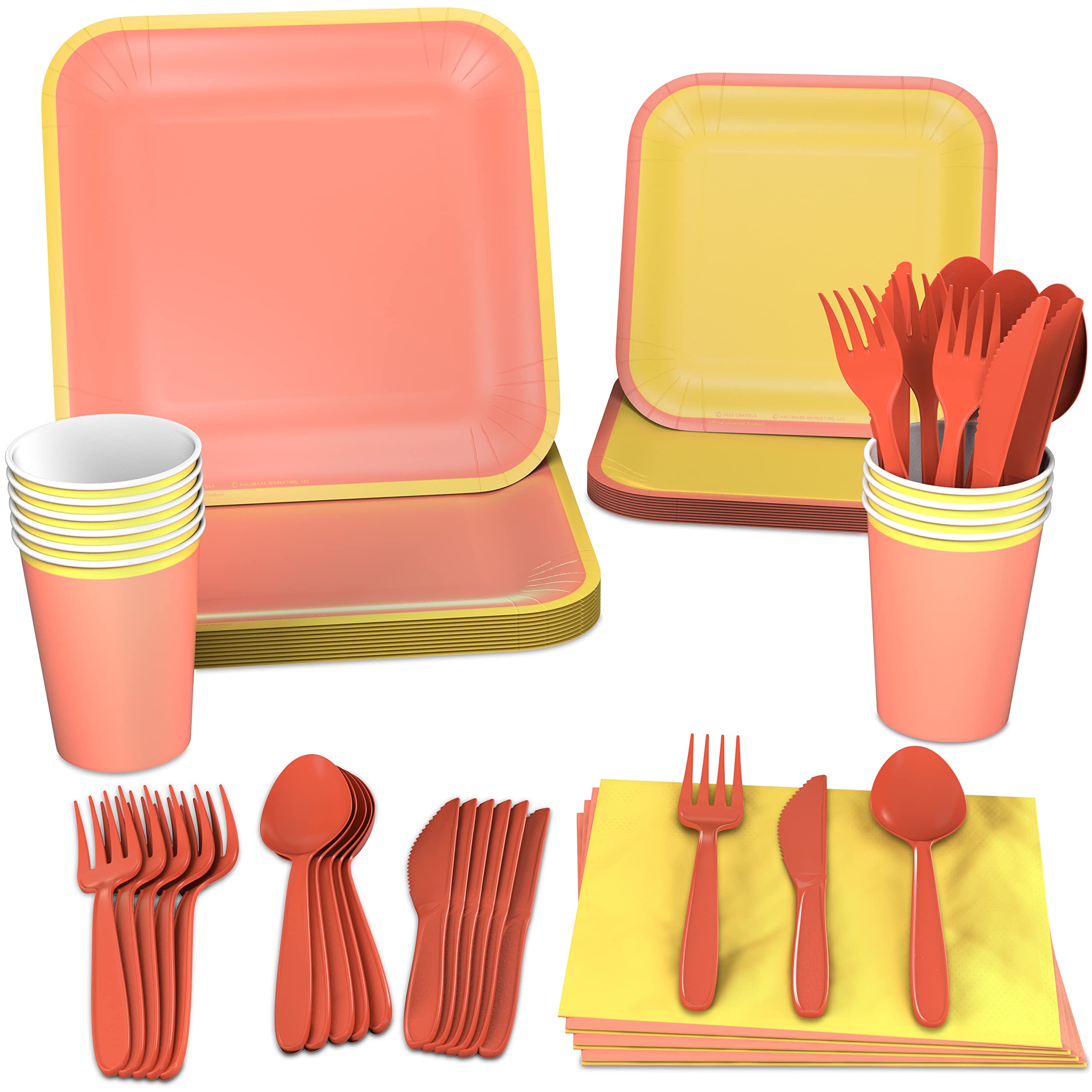 Crayola Color Pop Yellow and Orange Party Supplies (12 Dinner Plates, 12 Dessert Plates, 12 Paper Cups, 24 Napkins, 12 Sets of P