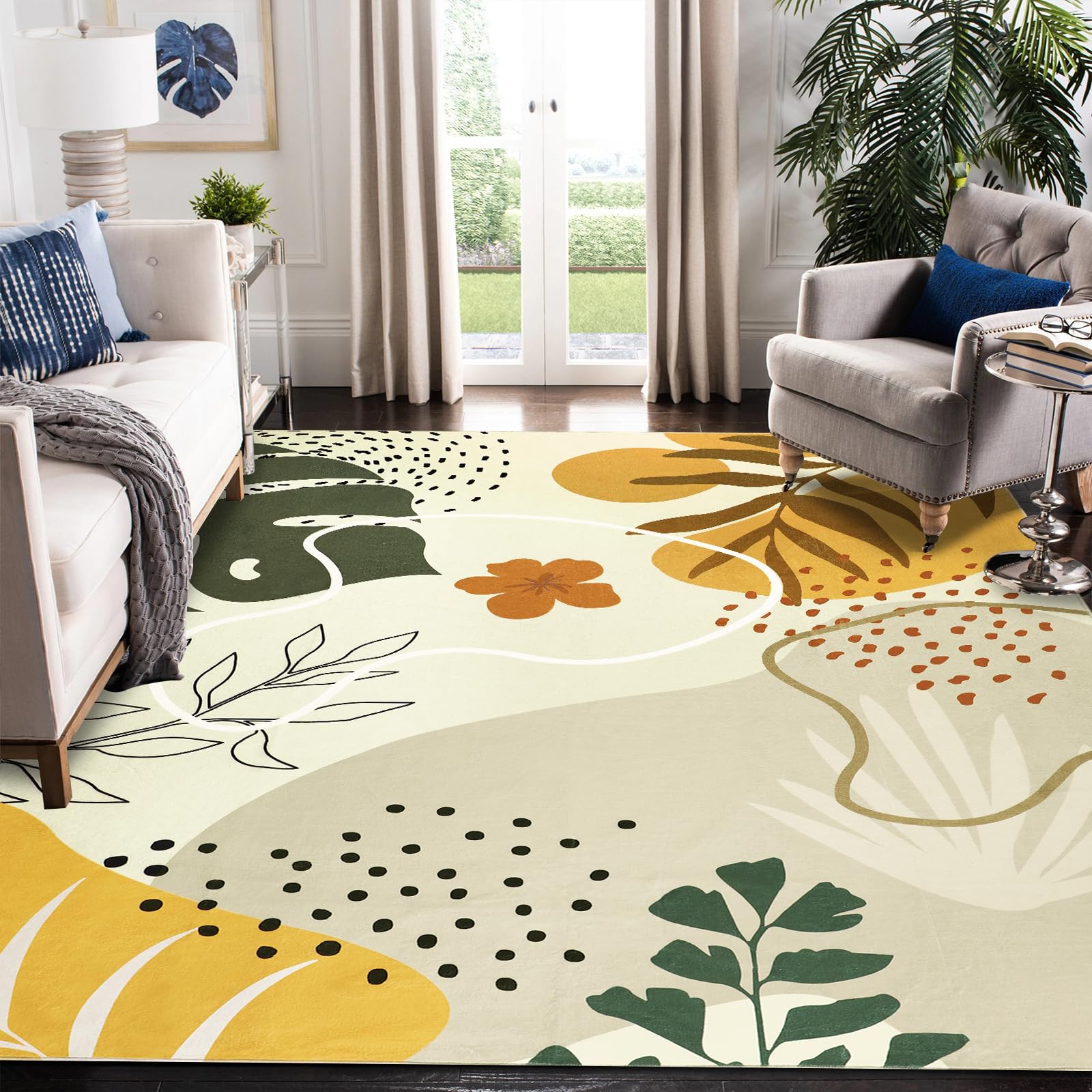 Capslpad Area Rugs 5x7, Boho Rugs for Living Room, Washable Rugs, Low Pile Soft Non-Shedding, Tan Botanical Print Rug for Bedroo