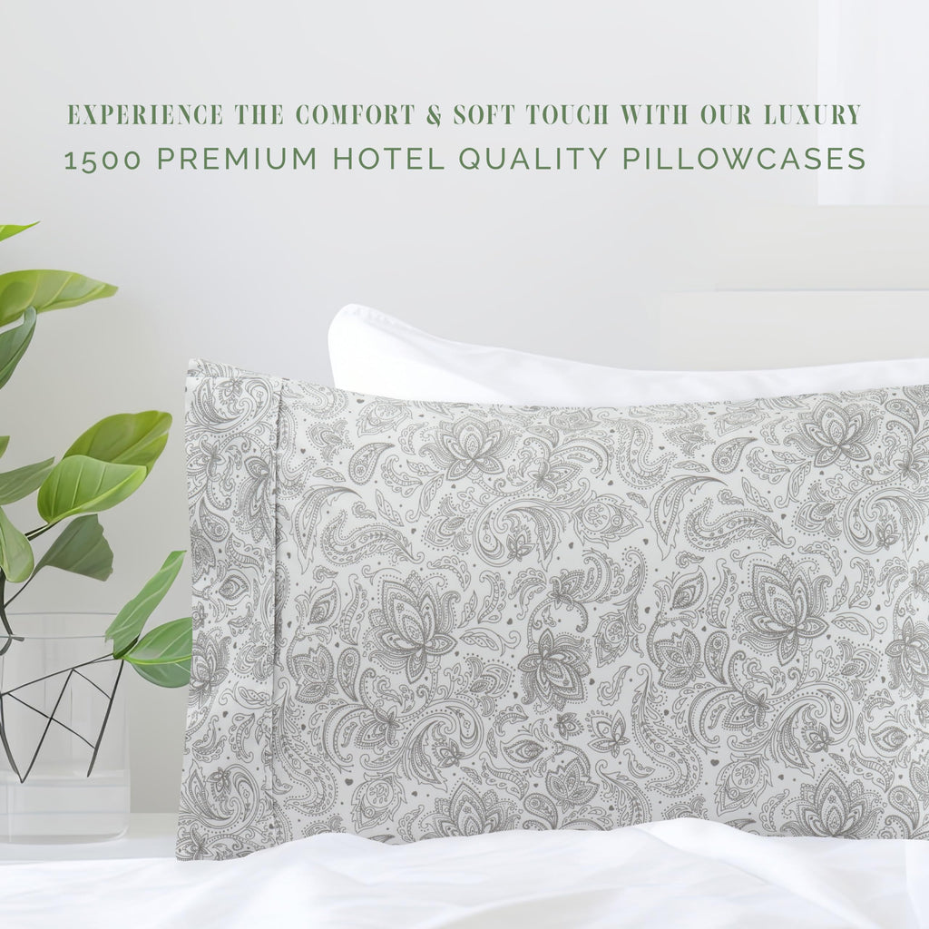Elegant Comfort Ultra Soft Set Of 2 Floral Print Pillowcases - 1500 Premium Hotel Quality Microfiber, Soft And Smooth Envelope Closure 2-Piece Pillow Covers - King, Paisley Gray
