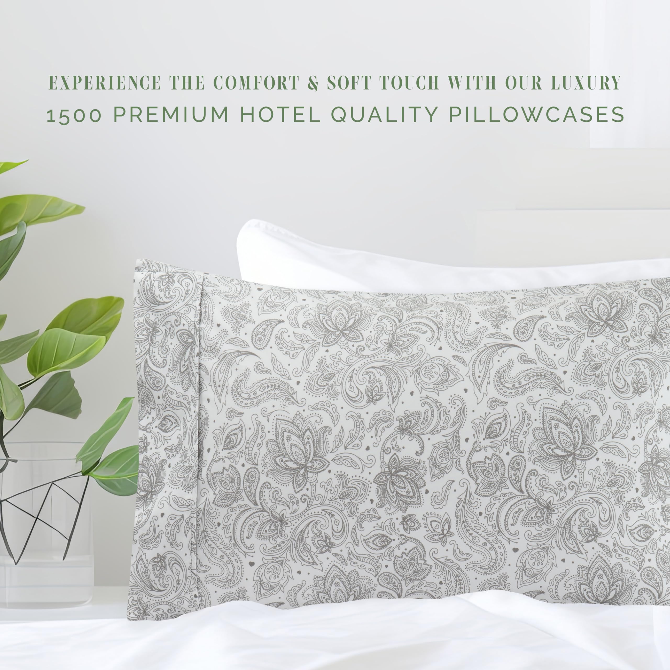 Elegant Comfort Ultra Soft Set Of 2 Floral Print Pillowcases - 1500 Premium Hotel Quality Microfiber, Soft And Smooth Envelope Closure 2-Piece Pillow Covers - King, Paisley Gray