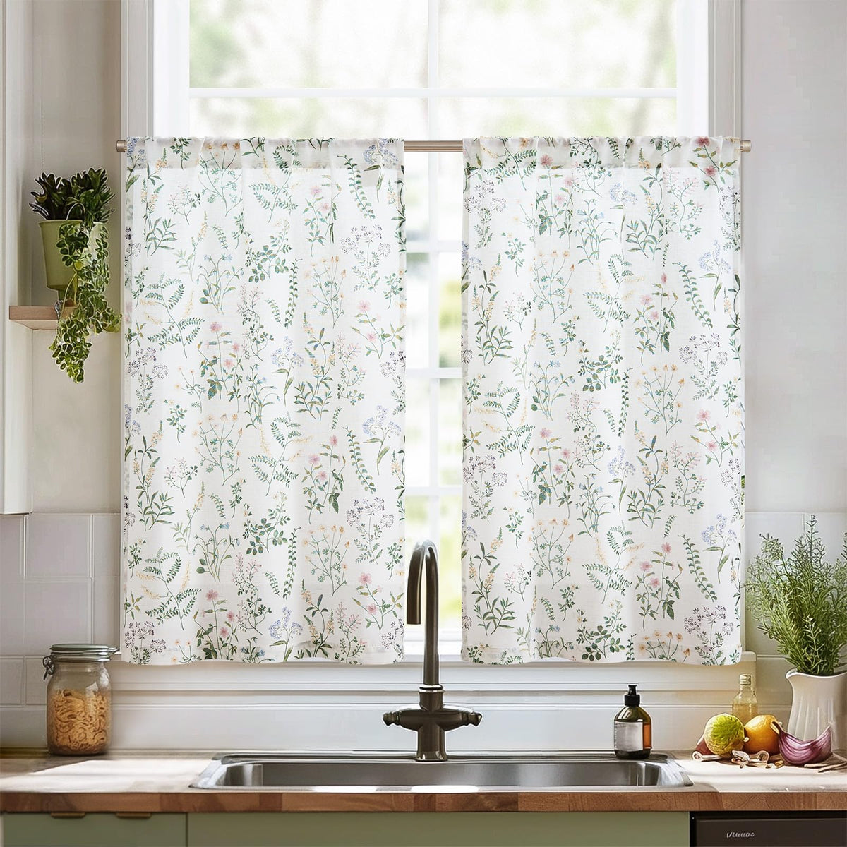 jinchan Spring Floral Kitchen Curtains Over Sink Farmhouse Linen Tier Curtains 36 Inch Length Cafe Curtains for Living Room Bath