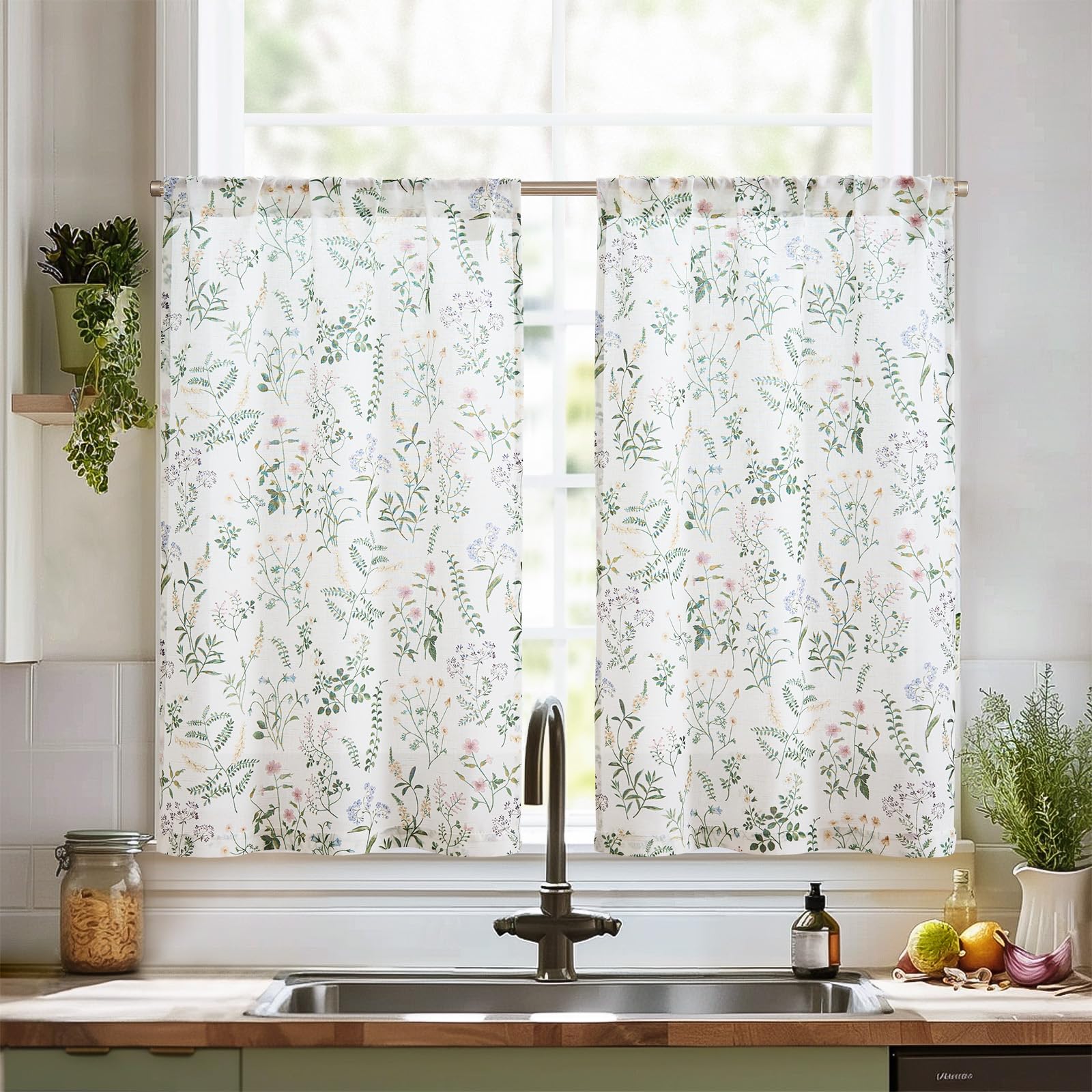 jinchan Spring Floral Kitchen Curtains Over Sink Farmhouse Linen Tier Curtains 36 Inch Length Cafe Curtains for Living Room Bath