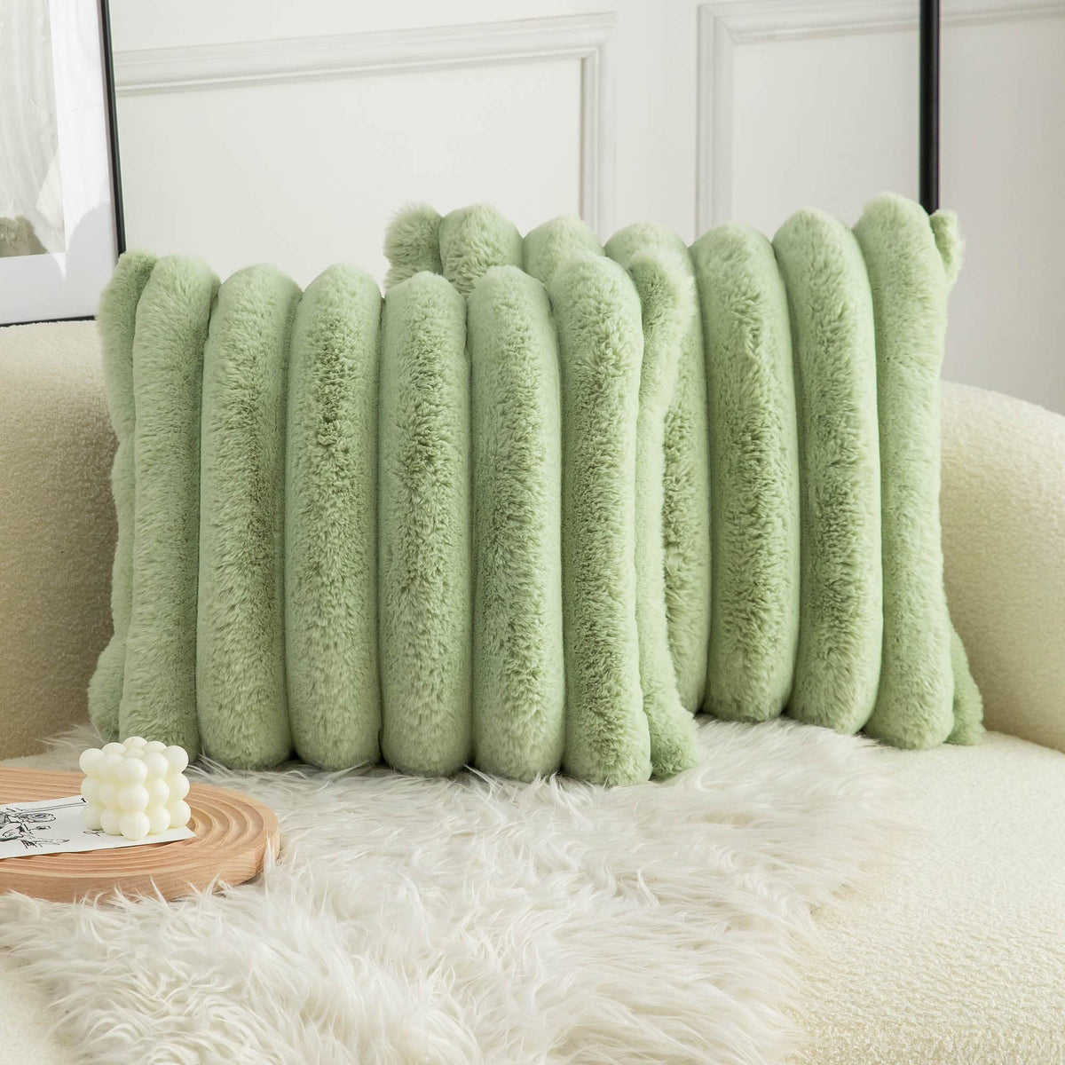 Neelvin Green Faux Fur Cozy Soft Striped Decorative Throw Pillow Covers 22X22 Inch Set Of 2,Velvet Pillowcase Cushion Case For S