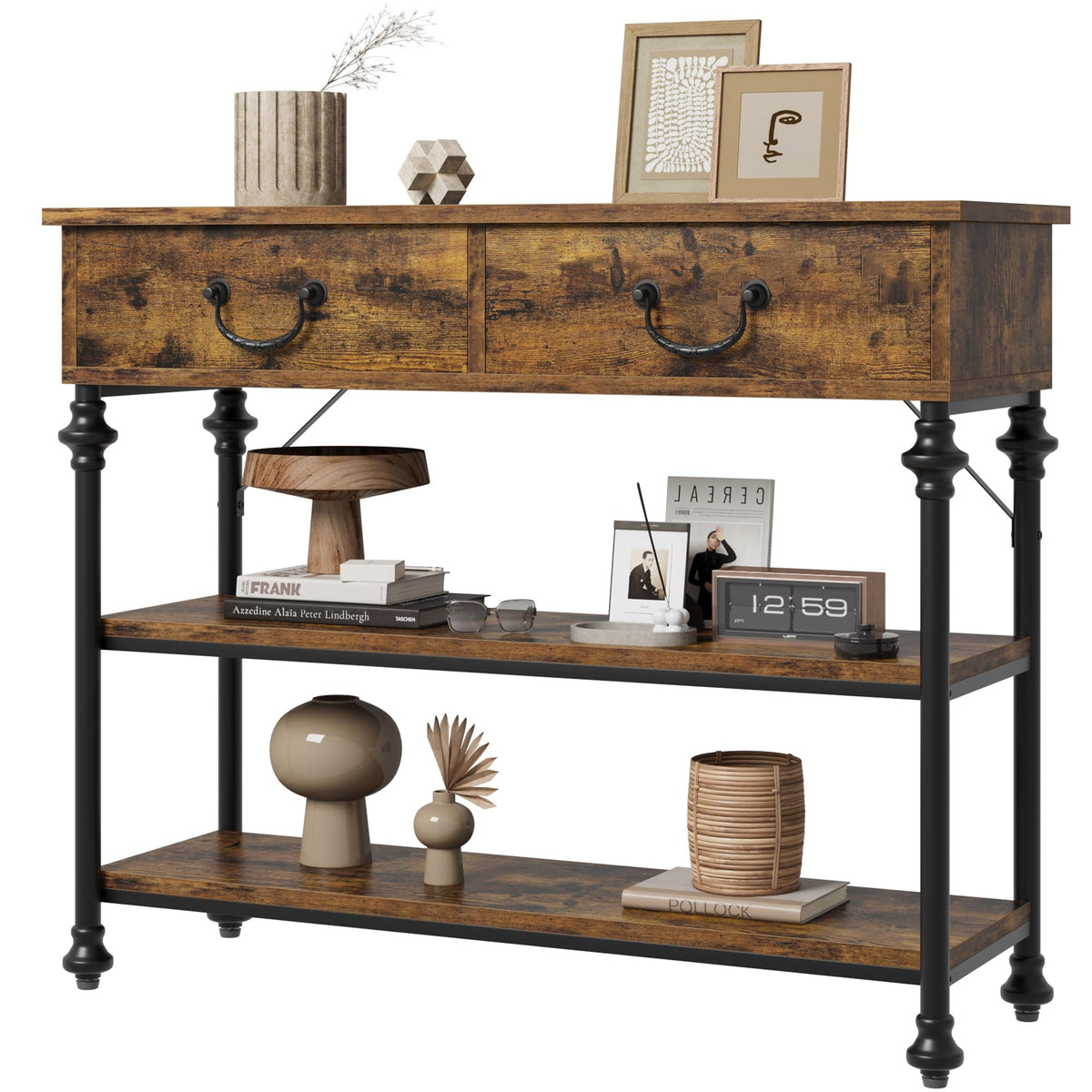Idealhouse Console Tables For Entryway, Small Entryway Table With 2 Drawers, Narrow Console Table With Storage Shelves For Living Room, Hallway Table, Sofa Table, Rustic Brown