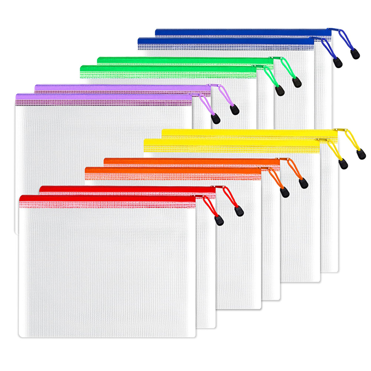 Sunee Plastic Mesh Zipper Pouch 9X13 In (6 Colors, 12 Packs),Extra Large Water-Resistant Zip Bag For School Office Supplies, Puz