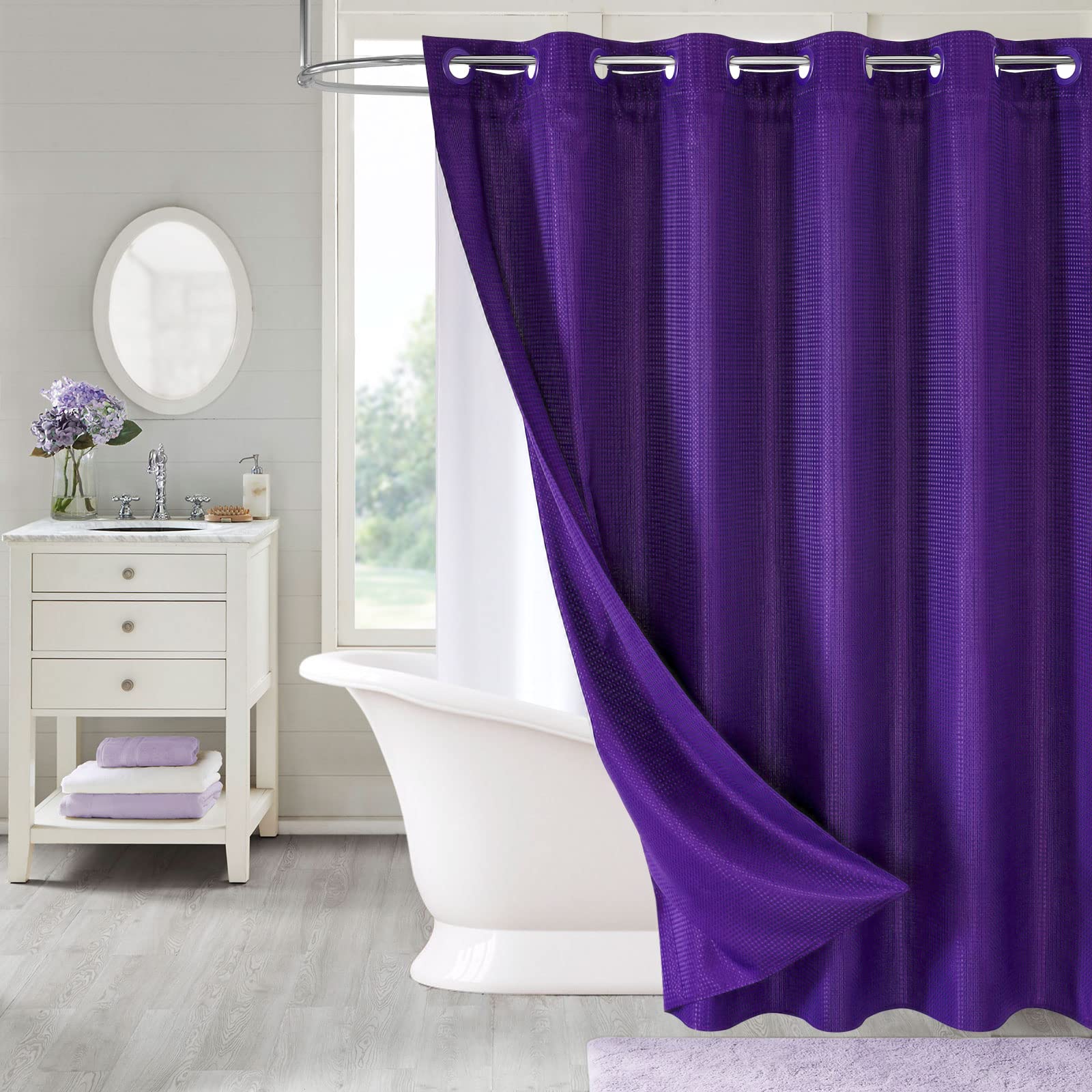 MitoVilla No Hooks Required Purple Waffle Shower Curtain Set with Snap-in Liner, Modern Heavyweight Fabric Shower Curtain for Ho