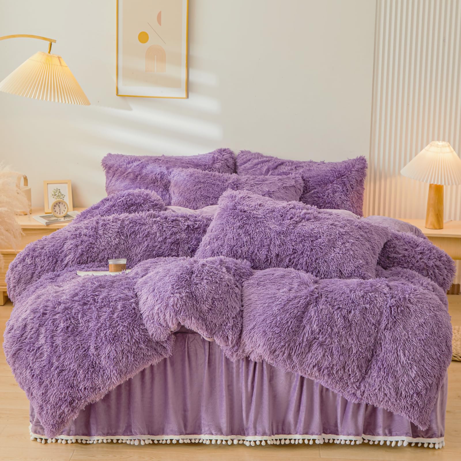 Erloxo Fluffy Purple Faux Fur Comforter Cover Set,Fluffy Fuzzy Plush Purple Bedding 3Pcs (1 Faux Fur Duvet Cover +2 Fuzzy Pillow