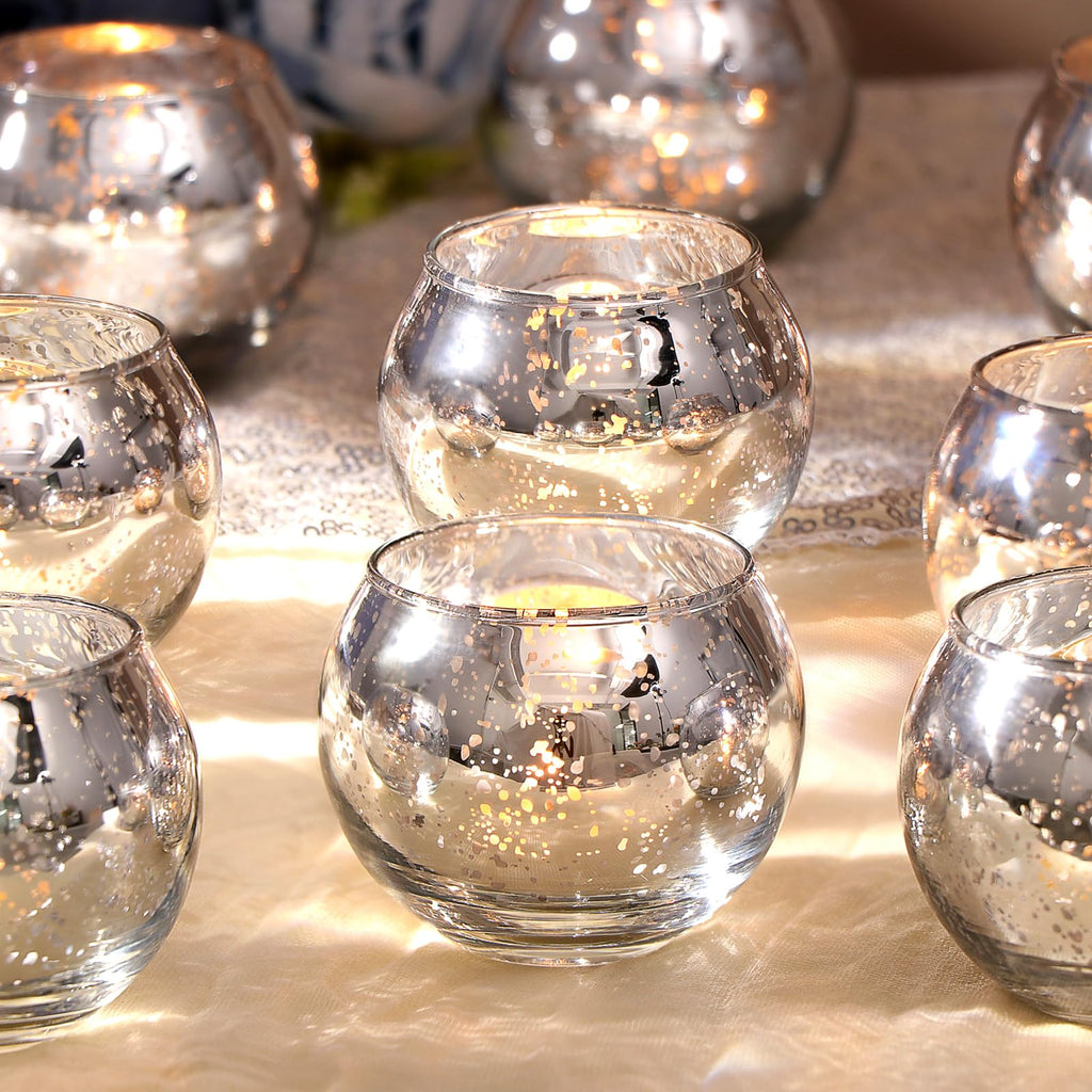 LAMORGIFT Silver Votive Candle Holders Set of 12 - Mercury Glass Votives Candle Holder - Christmas Tealight Candle Holder for Ho