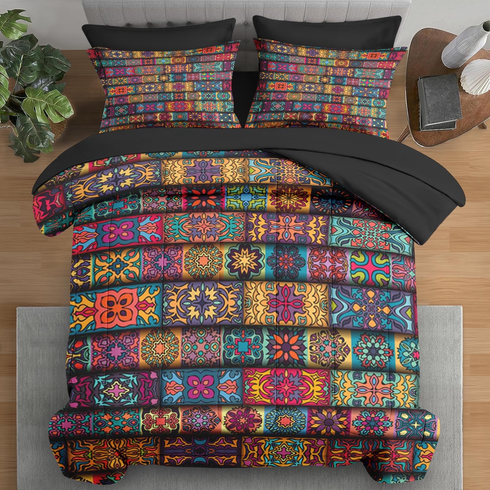 Pamnest Comforter Set Full Size, Mexico Colorful Mandala Vintage 7 Pcs Bedding For Kids And Adults, Bohemian Flower Bed Sheet Se