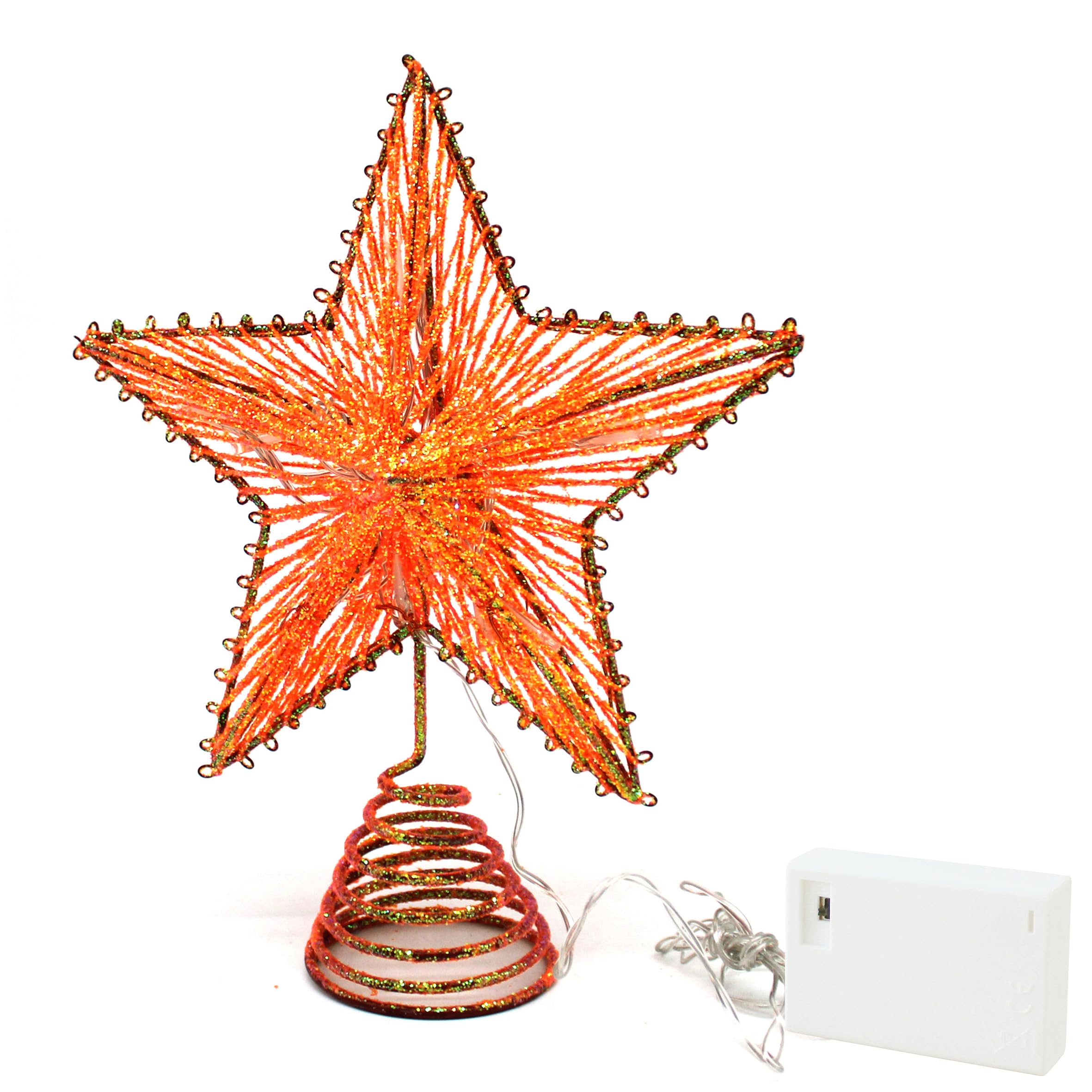 CVHOMEDECO. Orange Glittered 3D Tree Top Star with Warm White LED Lights and Timer for Christmas Tree Topper Decoration and Holi