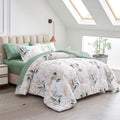 Joyreap 7 Piece Bed In A Bag California King, Green Leaves Print On White Botanical Design, Microfiber Floral Bedding Comforter