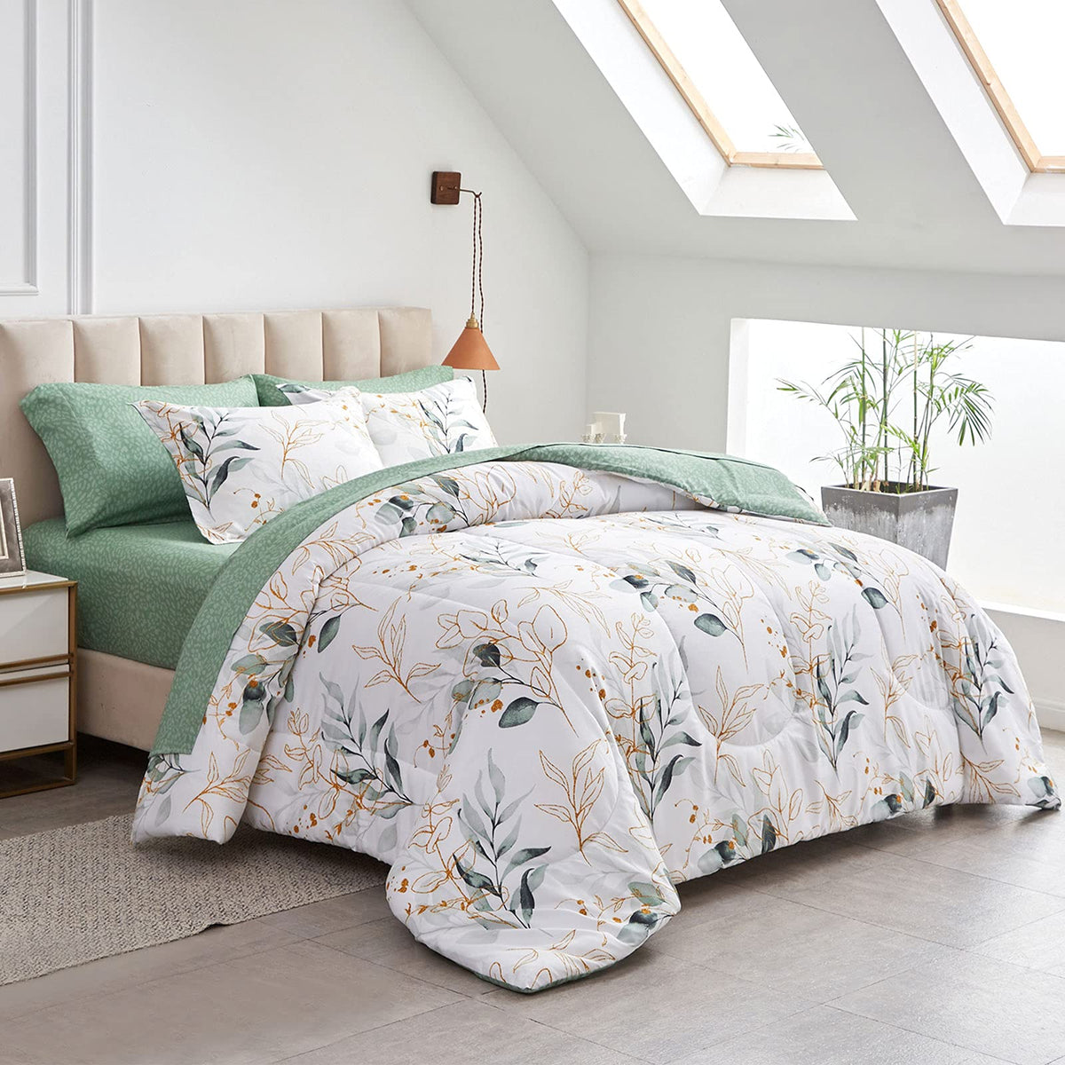 Joyreap 6 Piece Bed In A Bag Twin, Green Leaves Printed On White Botanical Design, Microfiber Comforter Set For All Season (1 Co