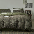 Mixinni Leopard Duvet Cover Queen Size, Premium Yarn-Dyed Jacquard Cotton Duvet Cover With Green Leopard Print, Farmhouse Beddin