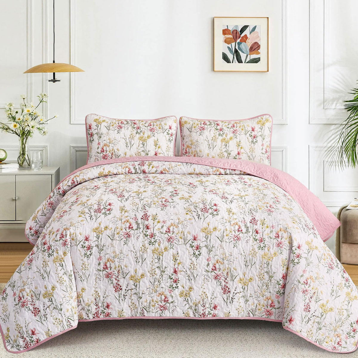 Anibedding Queen Size Quilt Sets, Pink Floral Pattern Quilt Bedding Set, 3 Pieces Botanical Quilt Soft Microfiber Bed Coverlet F