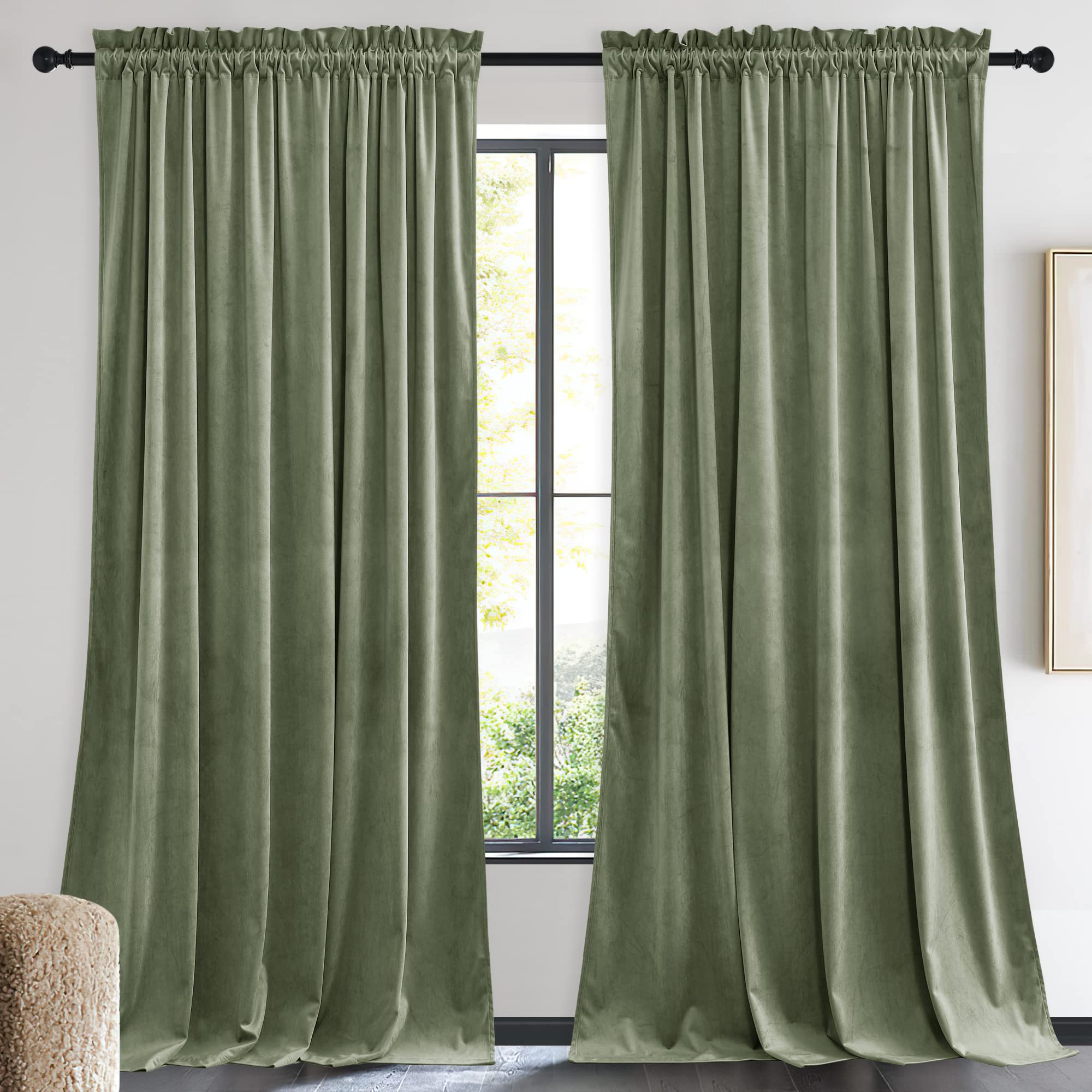 Nicetown Sage Green Blackout Curtains 90 Inches Long 2 Panels (62-Inch Wide), Farmhouse And Sleek Velvet Drapes And Curtains For Doorway, Office, Dorm