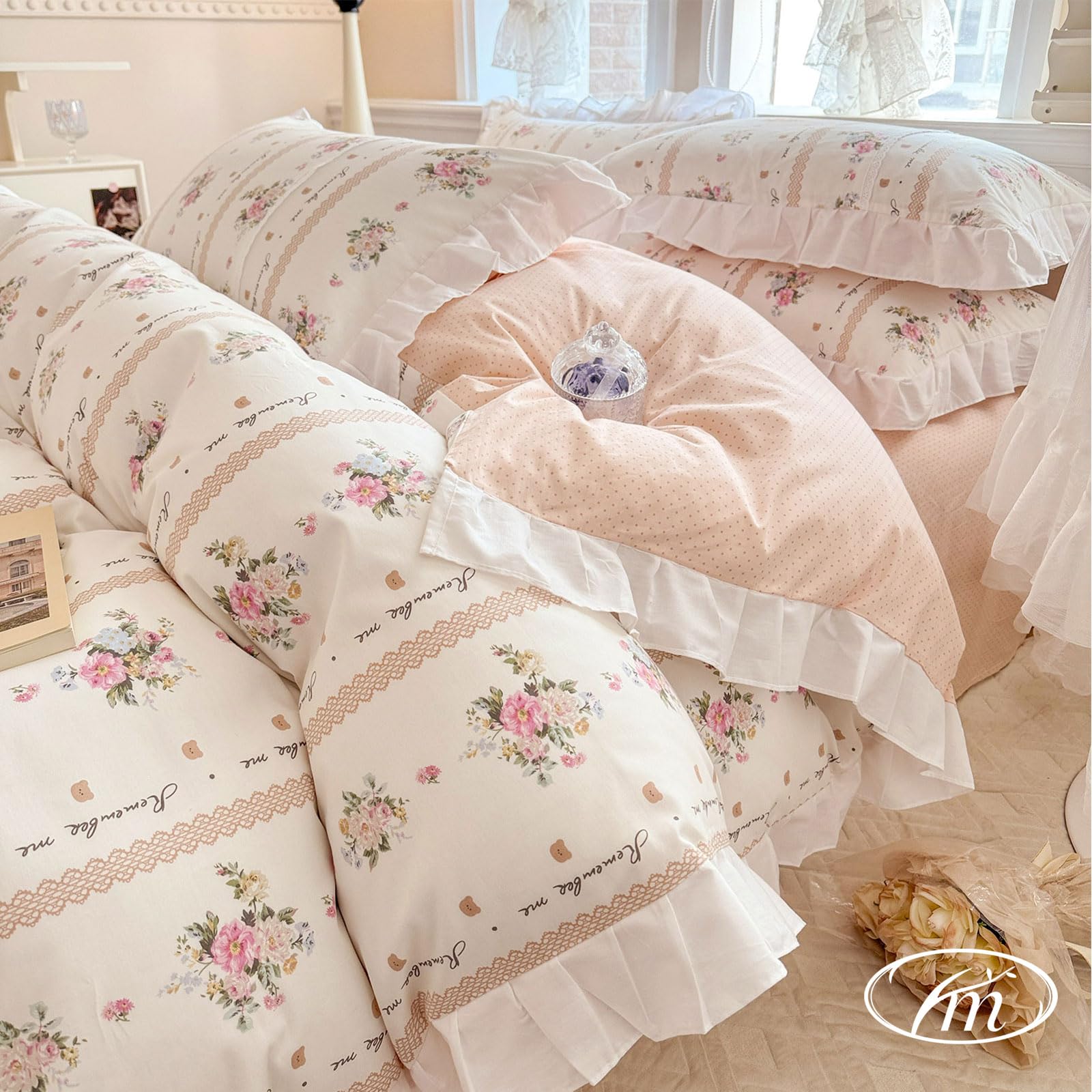 VM VOUGEMARKET Ruffle Duvet Cover Queen with Elegant Pink Flower Printed Romantic Lace Comforter Cover with Zipper Ties Cotton P