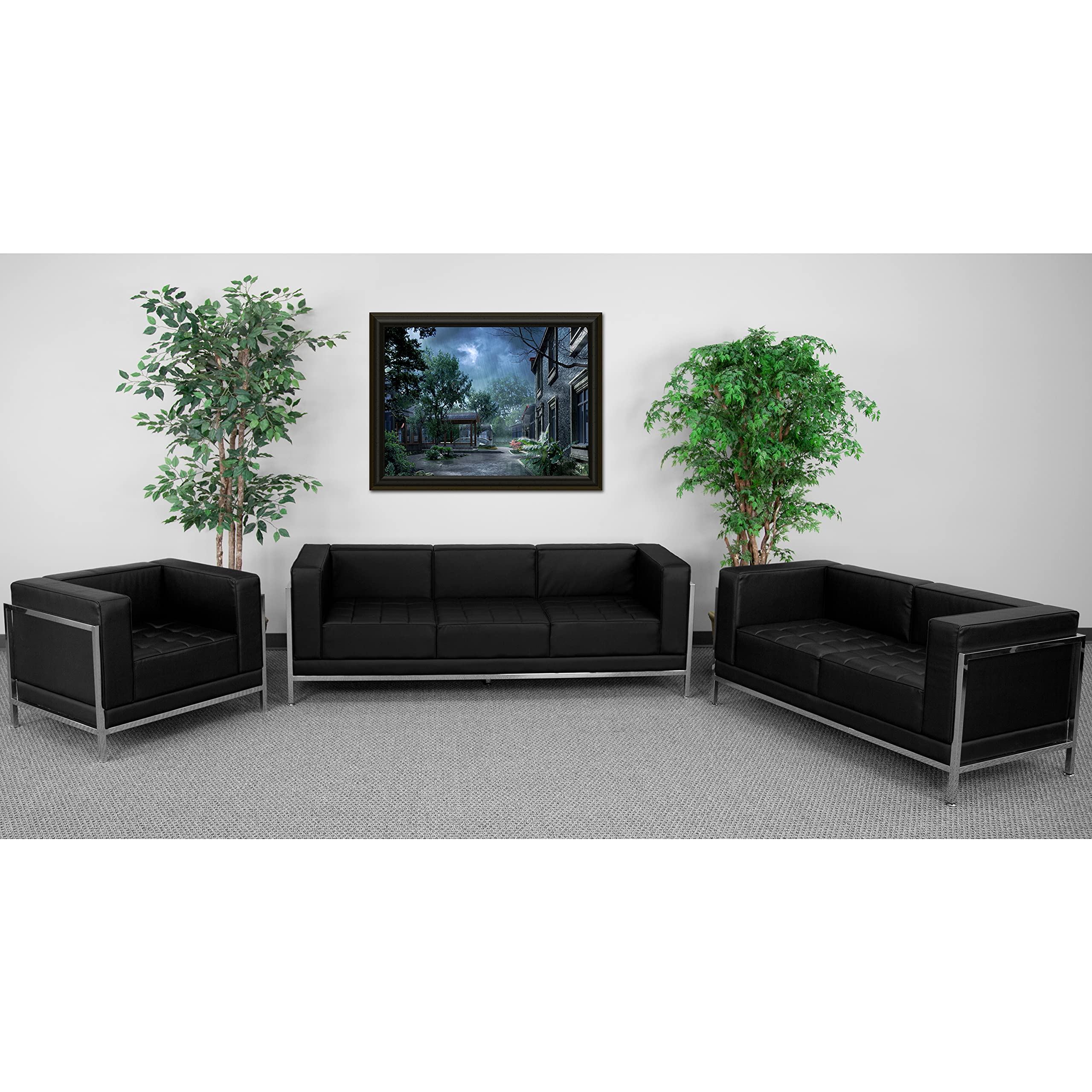 Flash Furniture HERCULES Imagination Series Black LeatherSoft 3 Piece Sofa Set with Stainless Steel Legs